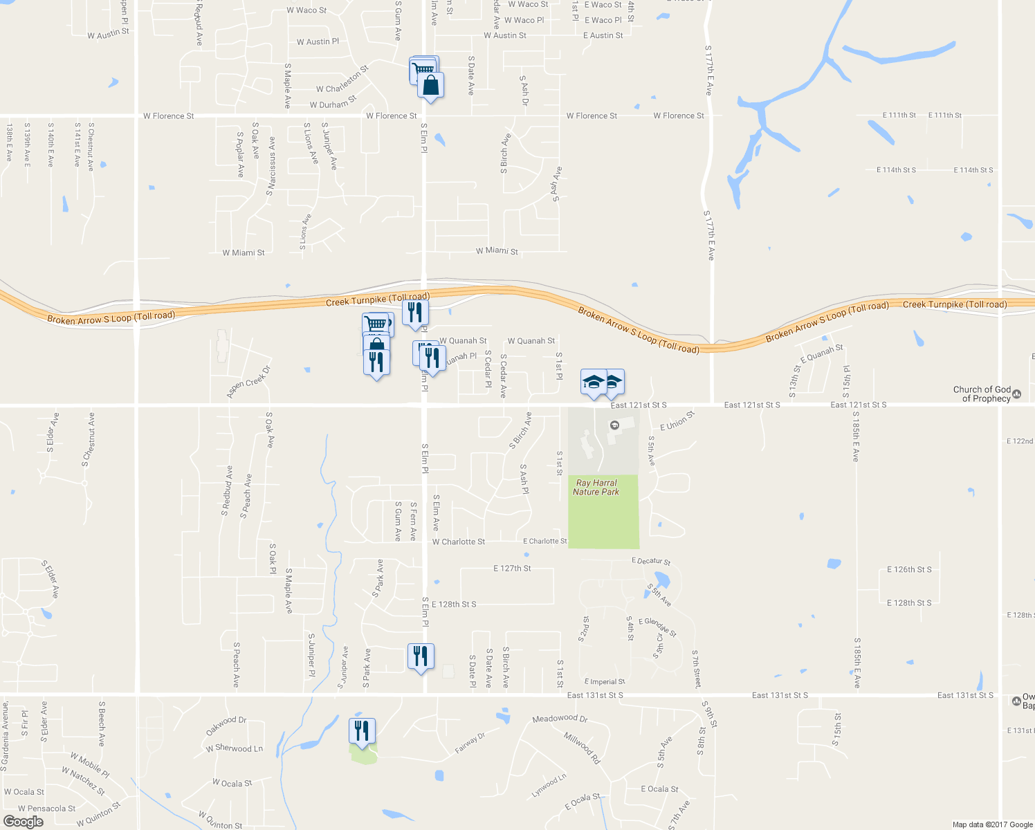 map of restaurants, bars, coffee shops, grocery stores, and more near 6601 S Cedar Ave in Broken Arrow