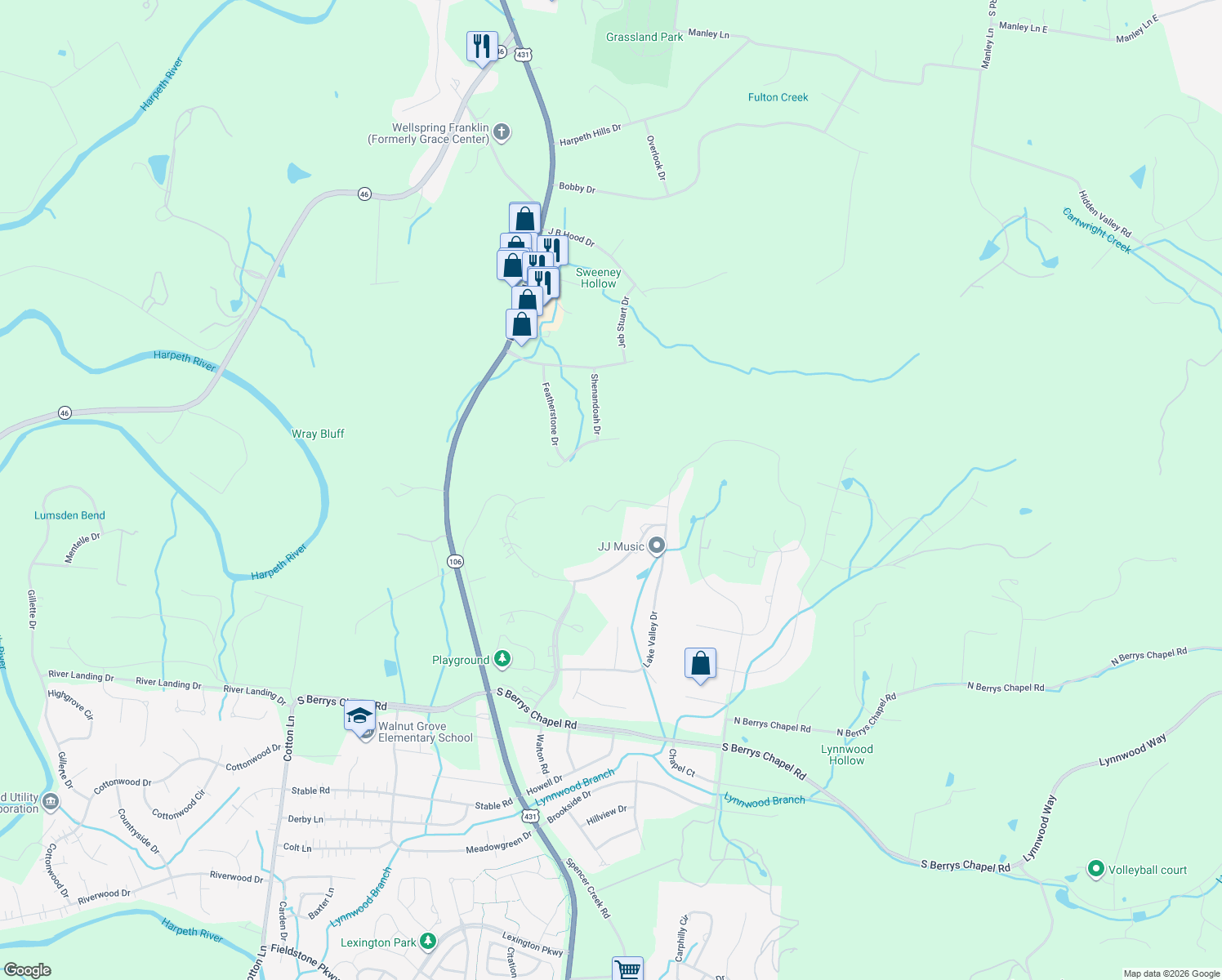 map of restaurants, bars, coffee shops, grocery stores, and more near 514 Legends Ridge Court in Franklin