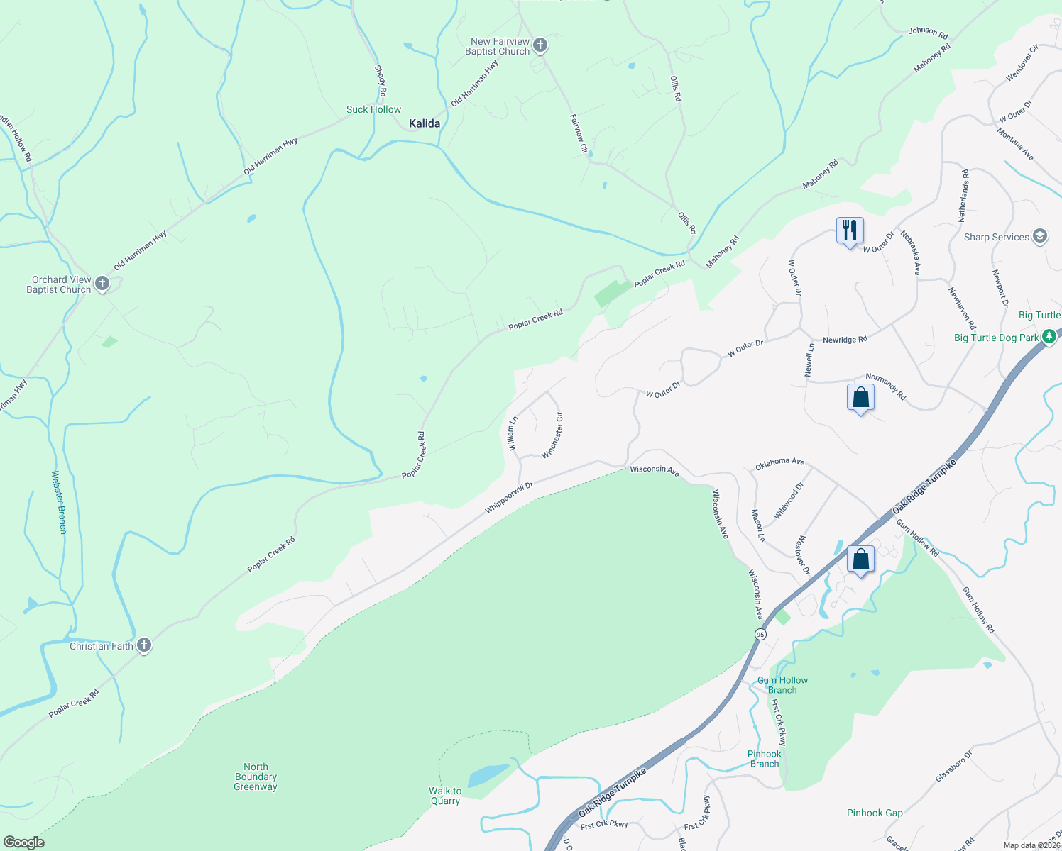 map of restaurants, bars, coffee shops, grocery stores, and more near 100 Wild Cat Lane in Oak Ridge