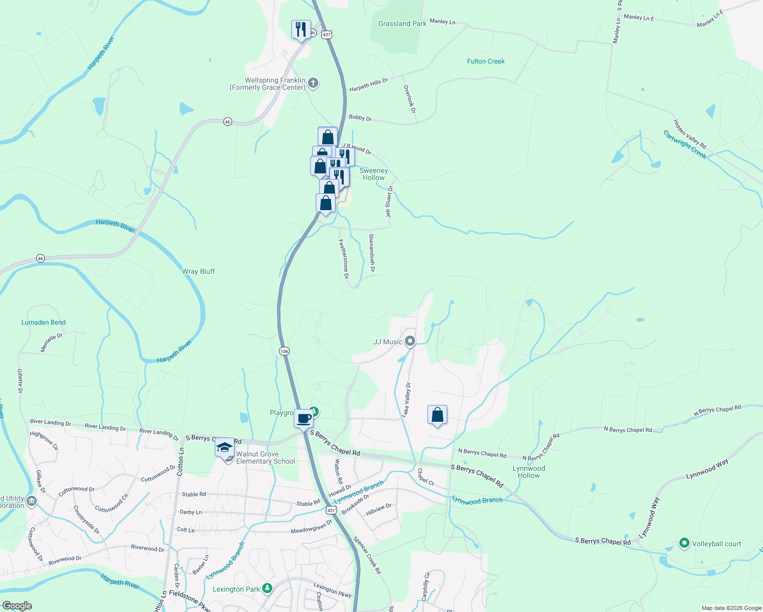 map of restaurants, bars, coffee shops, grocery stores, and more near 514 Legends Ridge Court in Franklin