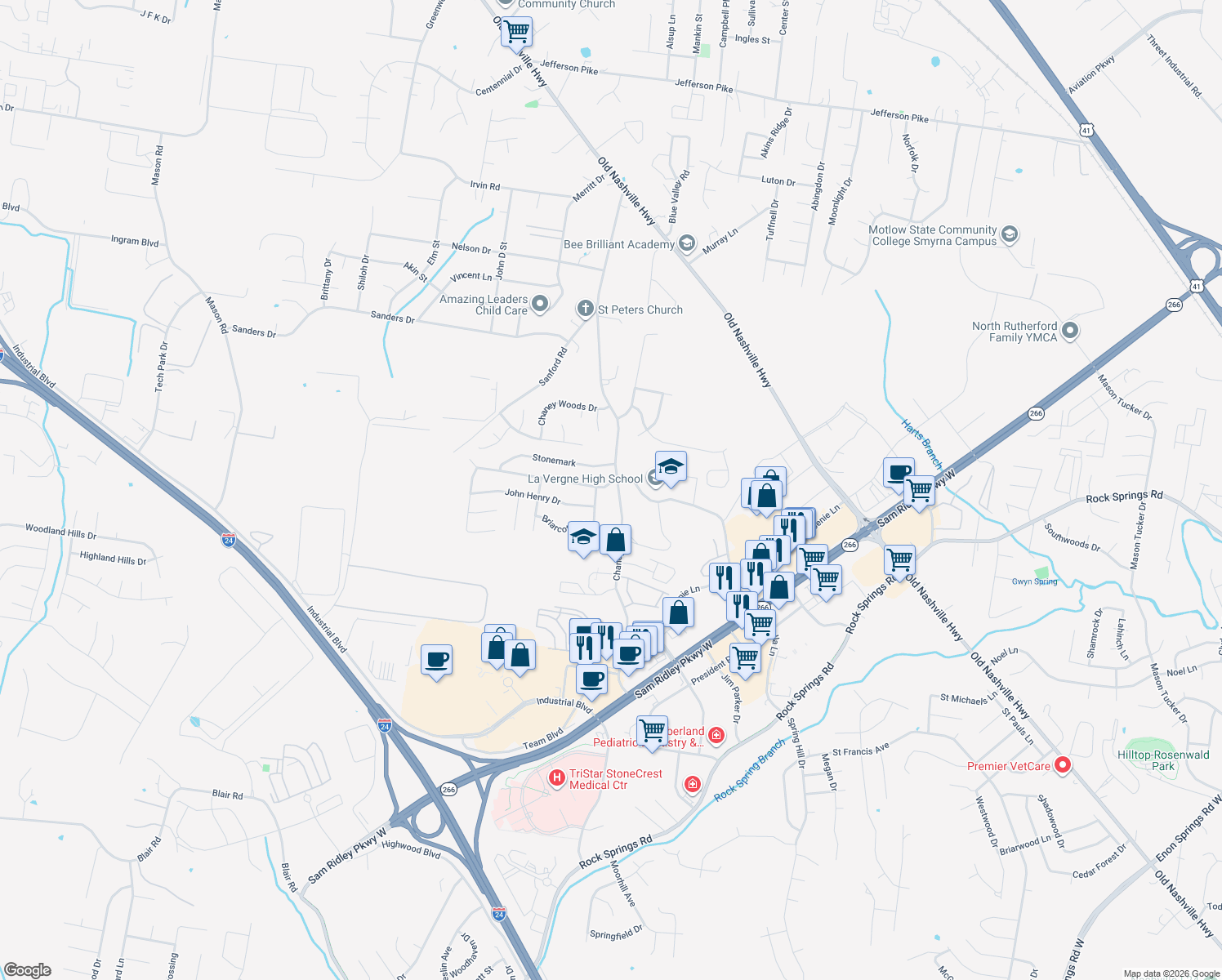map of restaurants, bars, coffee shops, grocery stores, and more near 101 Wolverine Trail in La Vergne