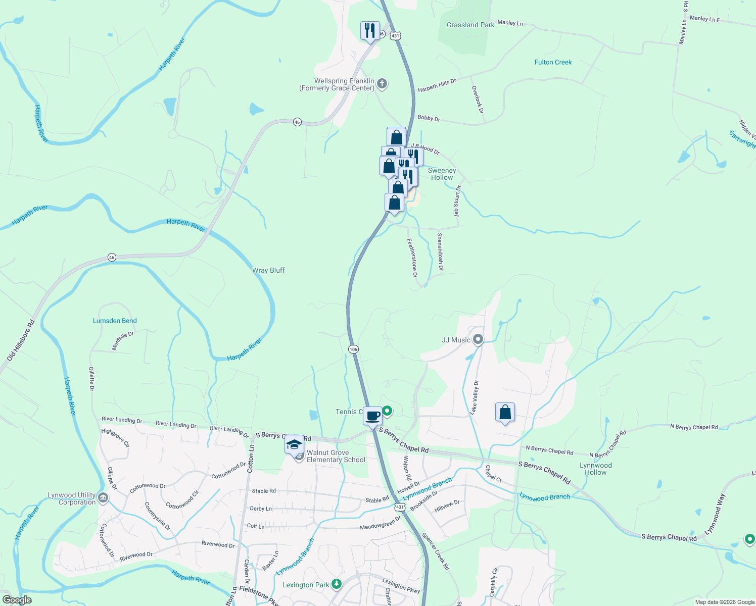 map of restaurants, bars, coffee shops, grocery stores, and more near 904 Sunset Ridge Drive in Franklin