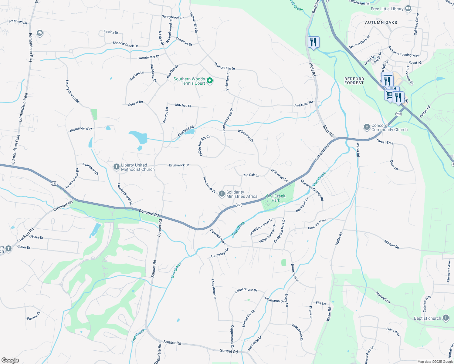 map of restaurants, bars, coffee shops, grocery stores, and more near 9714 Turner Ln in Brentwood