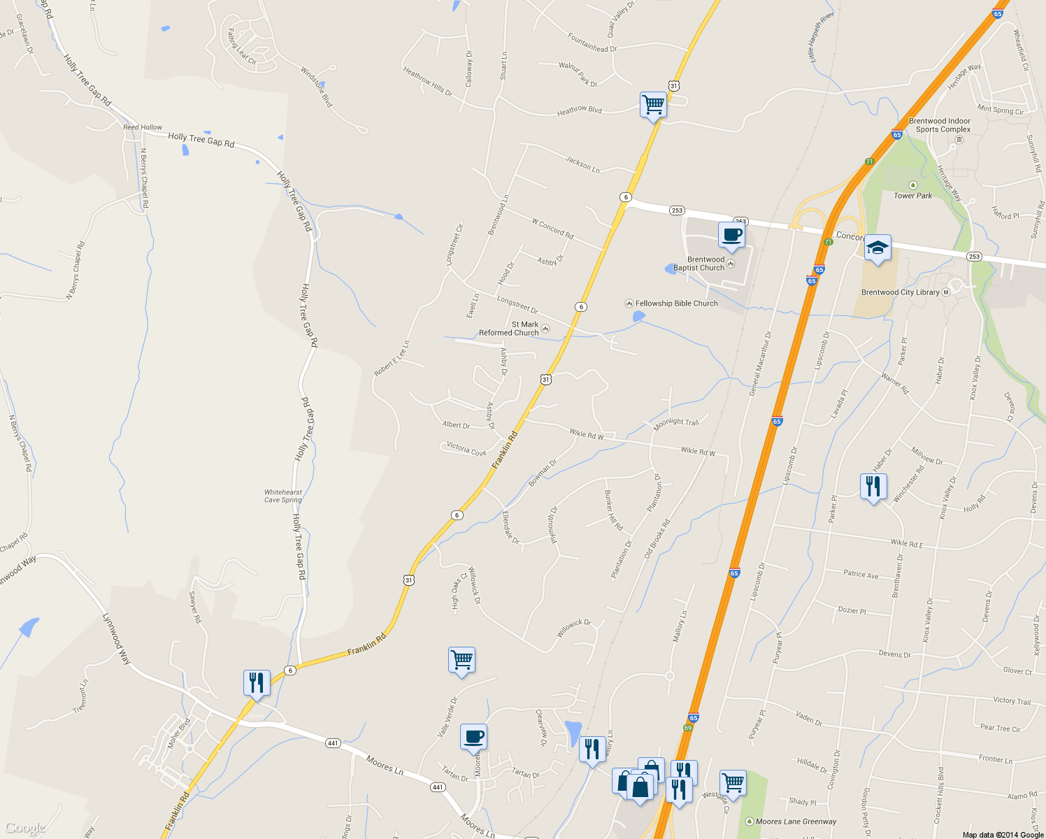 map of restaurants, bars, coffee shops, grocery stores, and more near 1400 Franklin Rd in Brentwood
