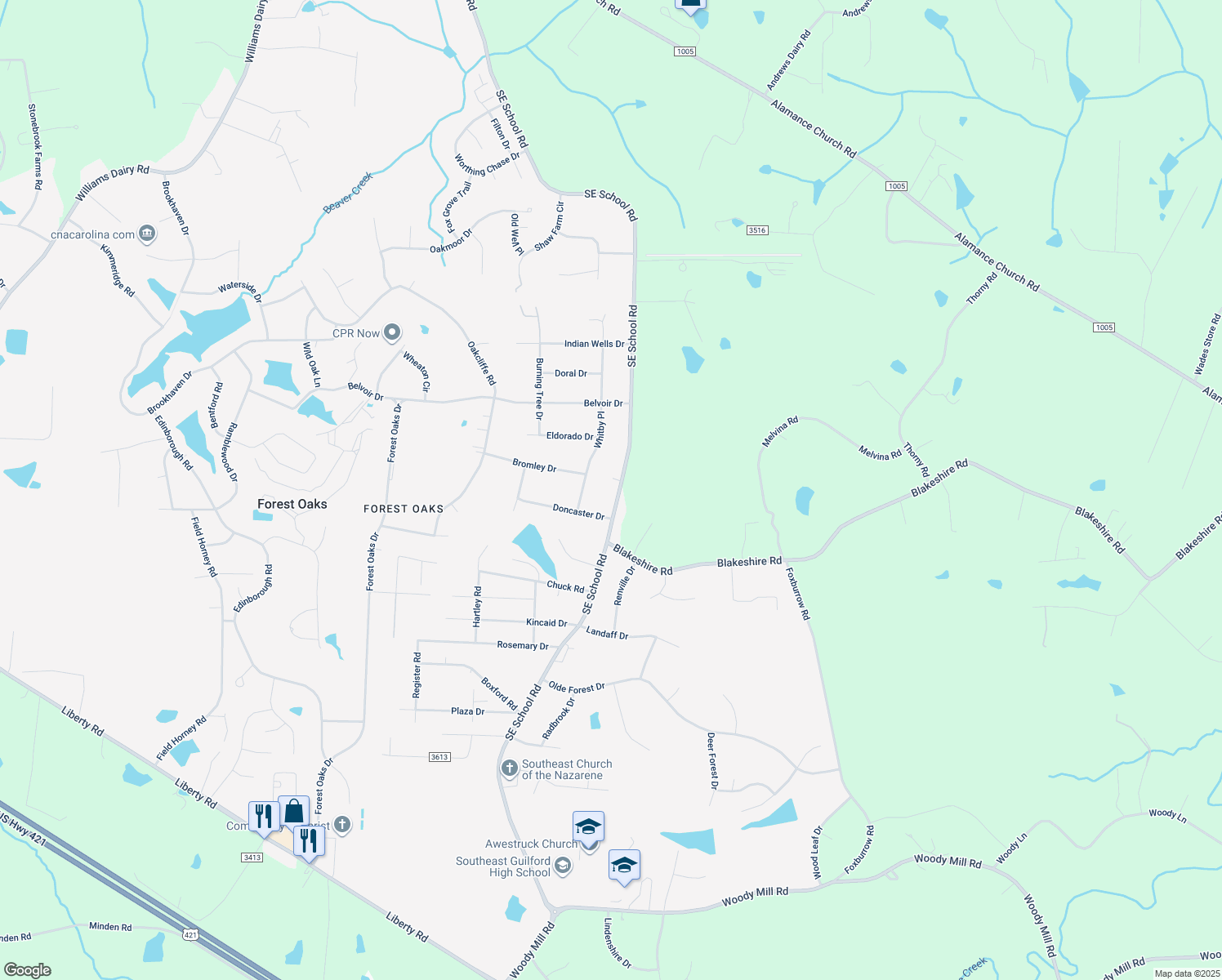map of restaurants, bars, coffee shops, grocery stores, and more near 3918 Southeast School Road in Greensboro