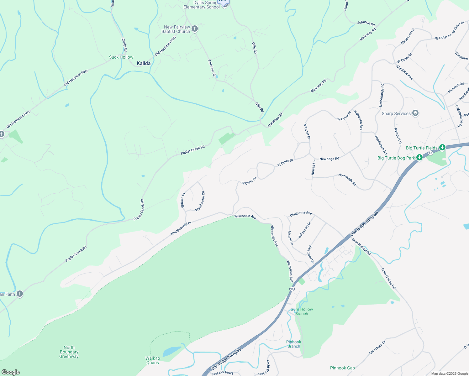 map of restaurants, bars, coffee shops, grocery stores, and more near 100 Whippoorwill Drive in Oak Ridge