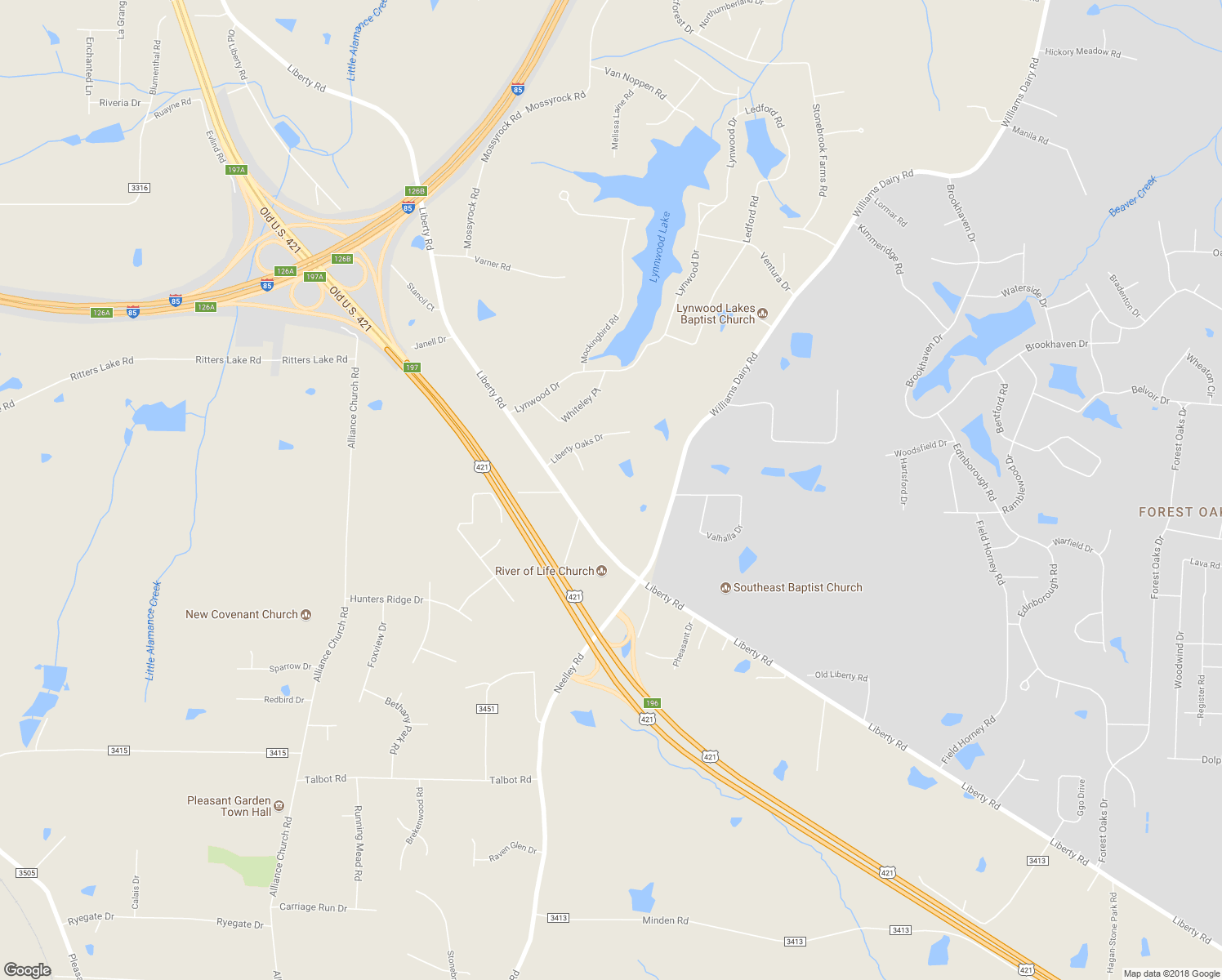 map of restaurants, bars, coffee shops, grocery stores, and more near 4903 Liberty Road in Greensboro