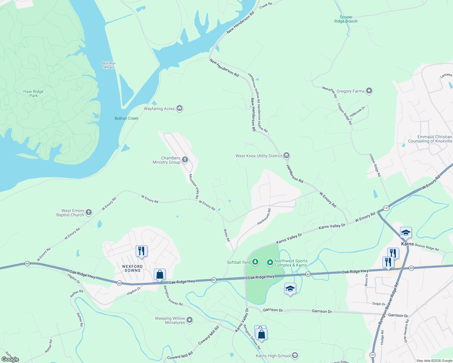 map of restaurants, bars, coffee shops, grocery stores, and more near 9309 Camrose Lane in Knoxville
