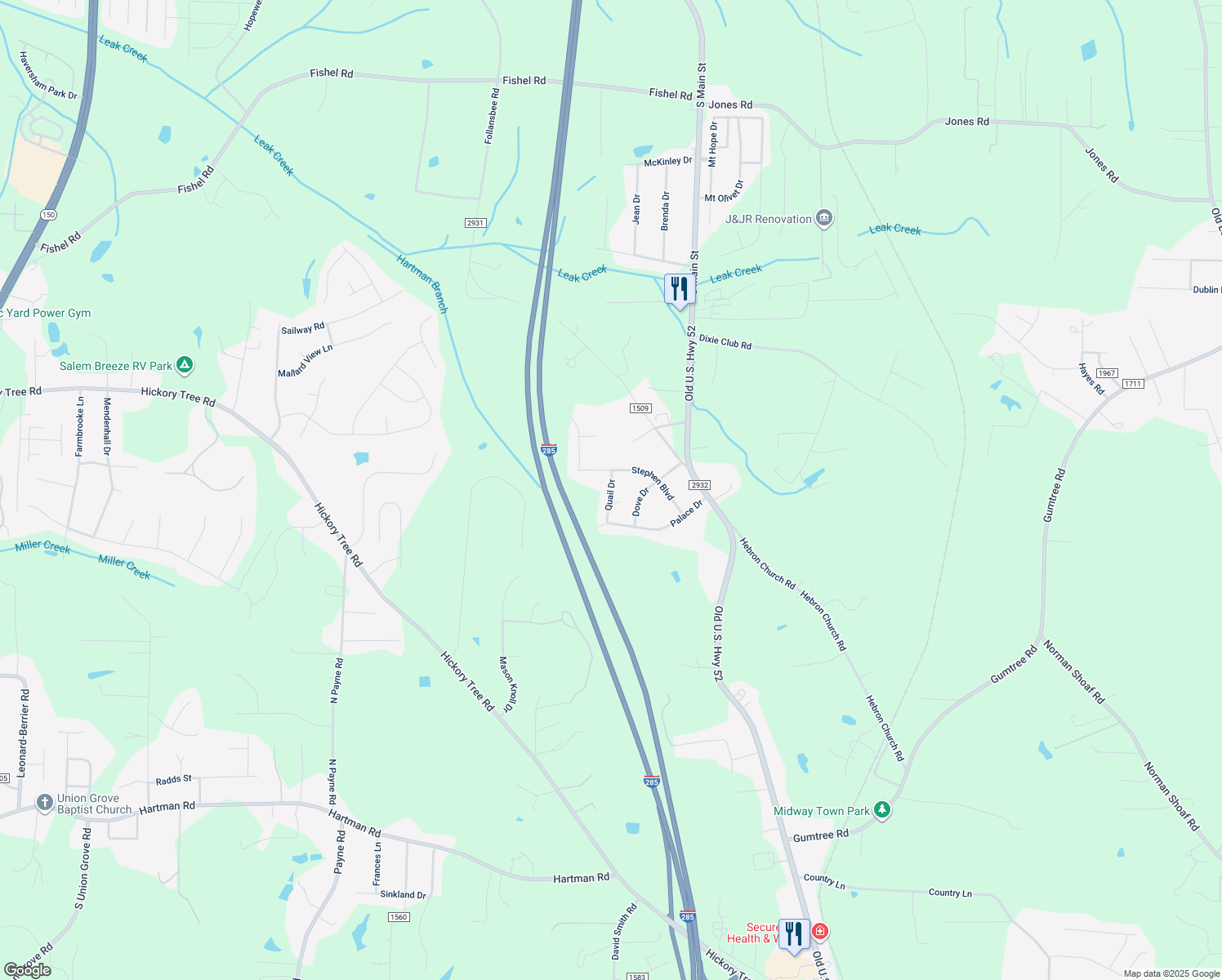 map of restaurants, bars, coffee shops, grocery stores, and more near 1211 Quail Drive in Winston-Salem
