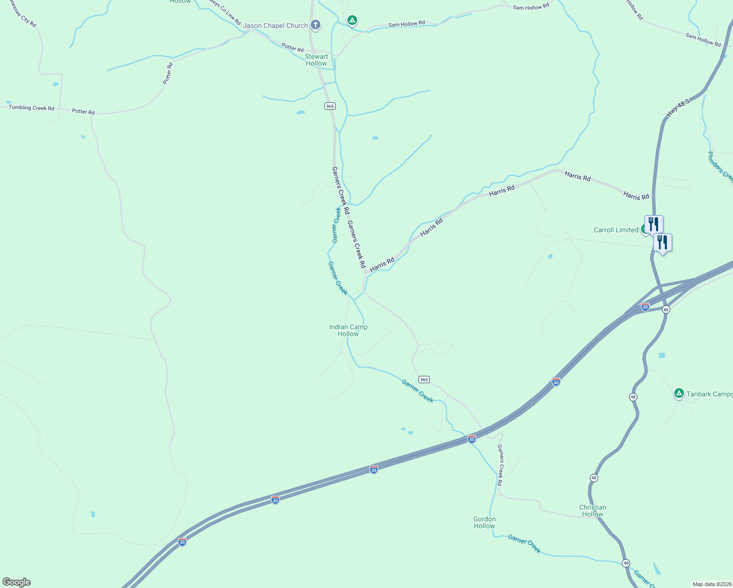 map of restaurants, bars, coffee shops, grocery stores, and more near 3641 Garners Creek Road in Dickson