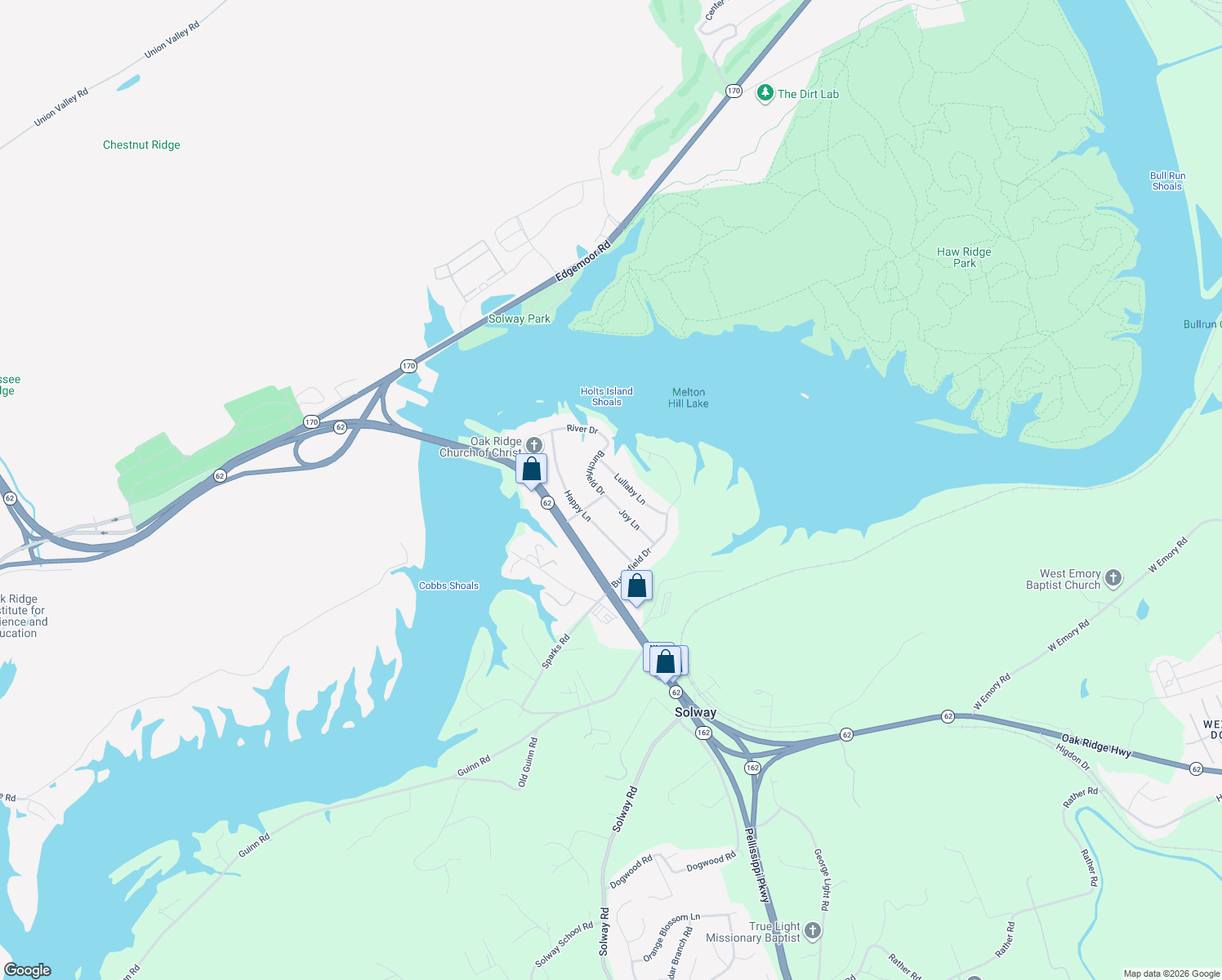 map of restaurants, bars, coffee shops, grocery stores, and more near 9120 Joy Ln in Oak Ridge