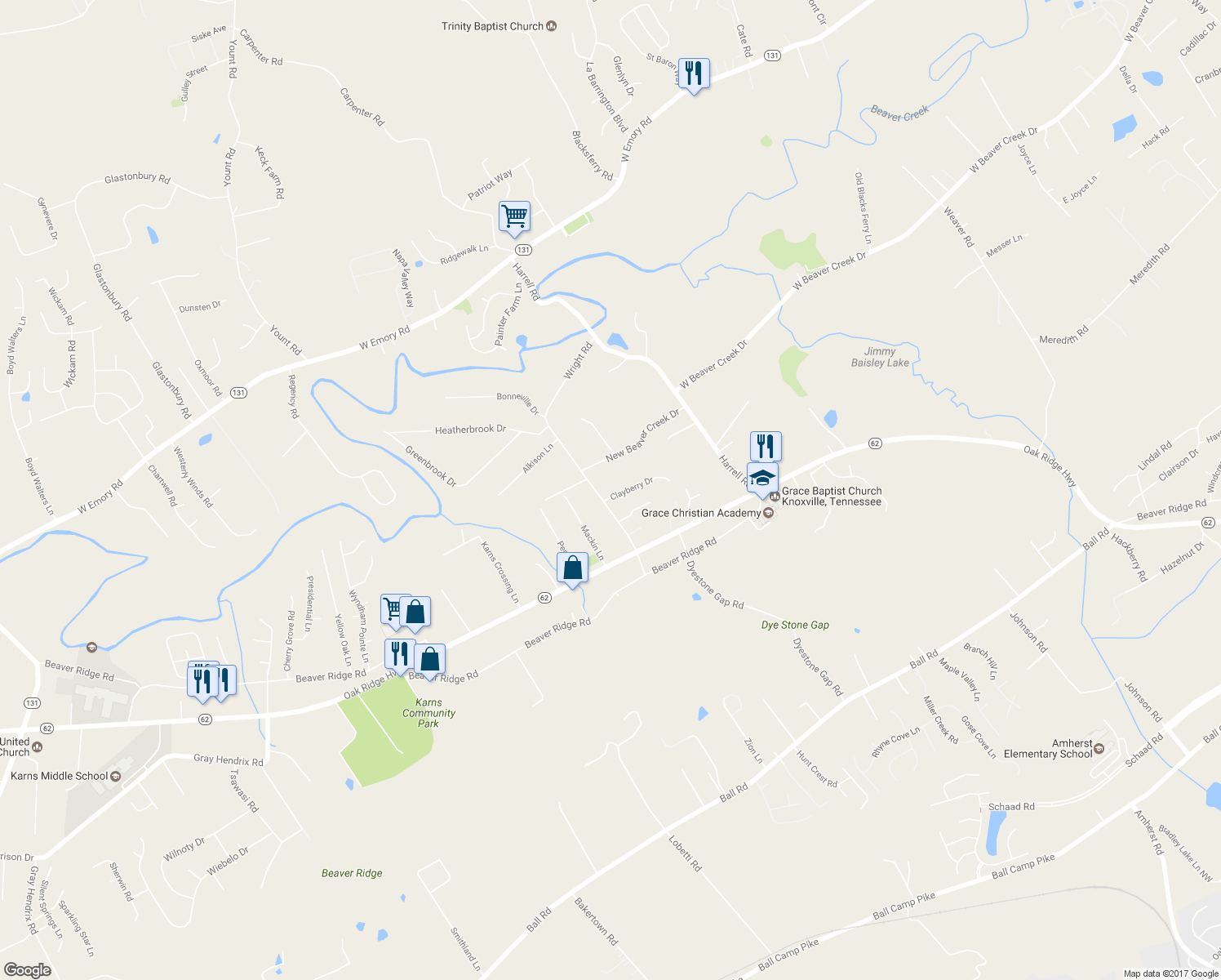 map of restaurants, bars, coffee shops, grocery stores, and more near 6125 Clayberry Drive in Knoxville
