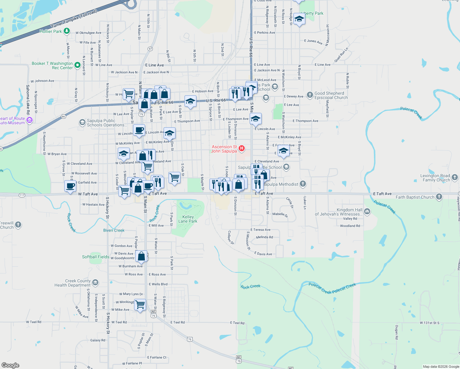 map of restaurants, bars, coffee shops, grocery stores, and more near 717 S Linden St in Sapulpa