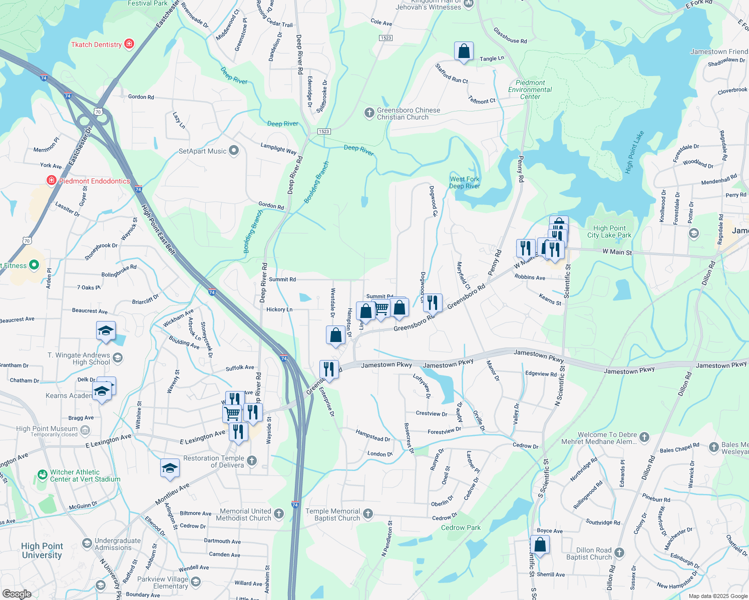 map of restaurants, bars, coffee shops, grocery stores, and more near 704 Summit Road in High Point