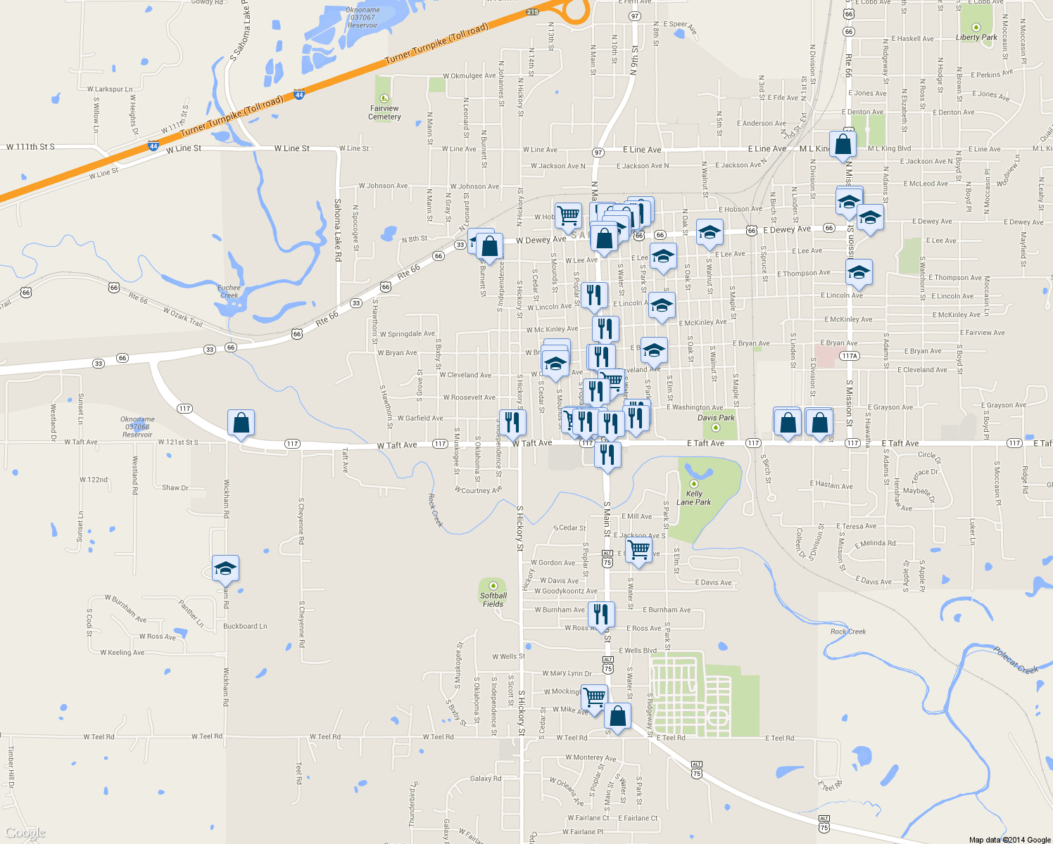 map of restaurants, bars, coffee shops, grocery stores, and more near 801 S Hickory St in Sapulpa