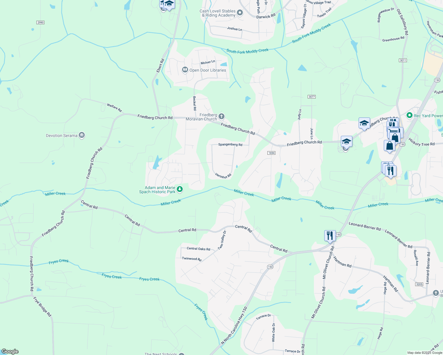 map of restaurants, bars, coffee shops, grocery stores, and more near 6040 Herinhut Road in Winston-Salem
