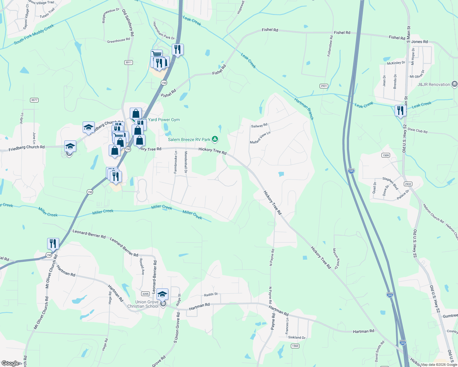 map of restaurants, bars, coffee shops, grocery stores, and more near 455 Merrifield Way in Winston-Salem