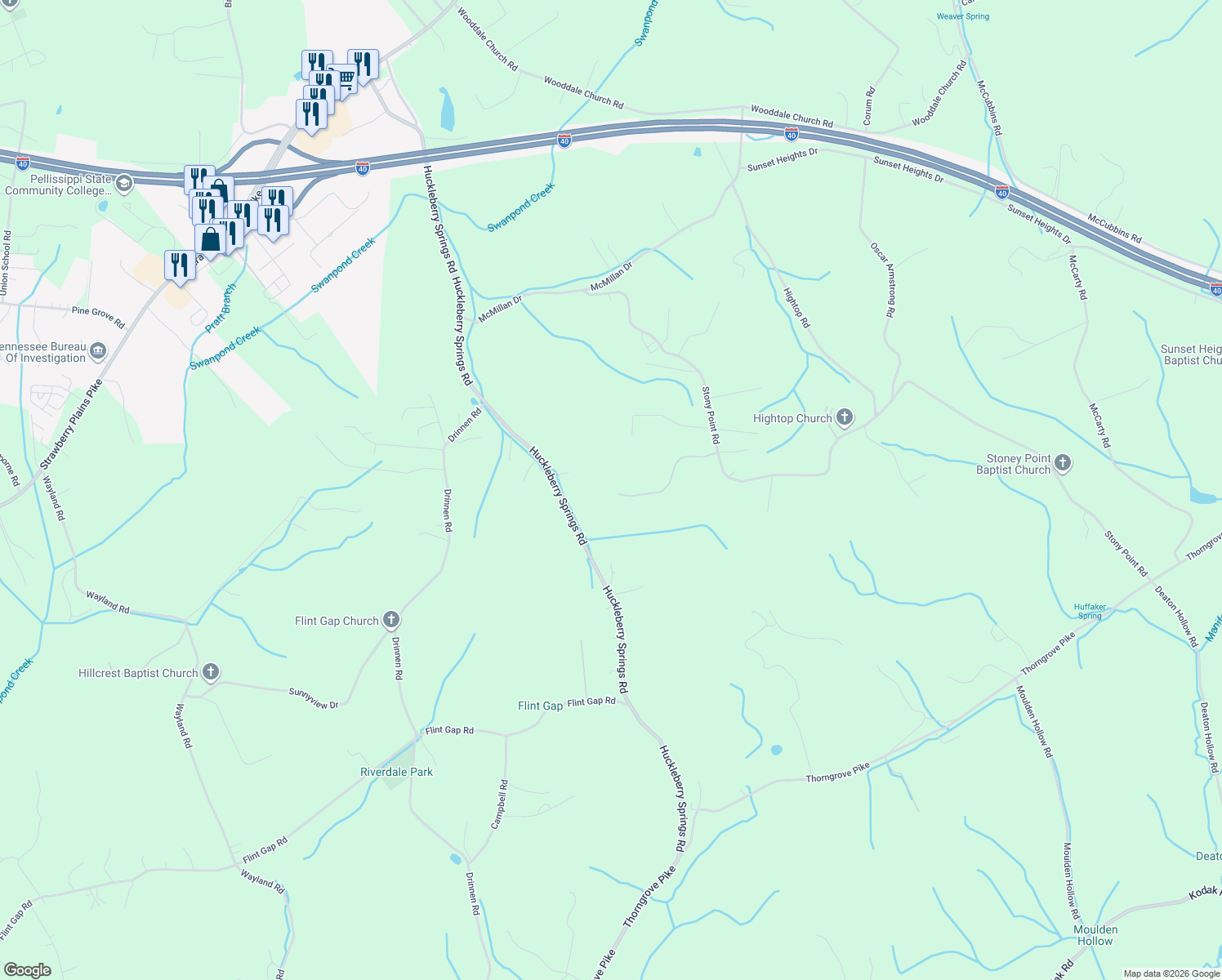 map of restaurants, bars, coffee shops, grocery stores, and more near 7501 Hunters Ridge Way in Knoxville