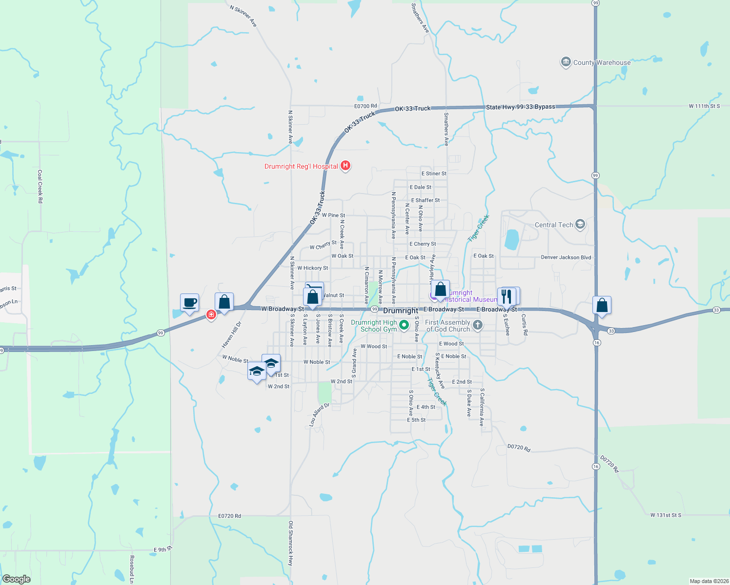 map of restaurants, bars, coffee shops, grocery stores, and more near 201 North Cimarron Avenue in Drumright