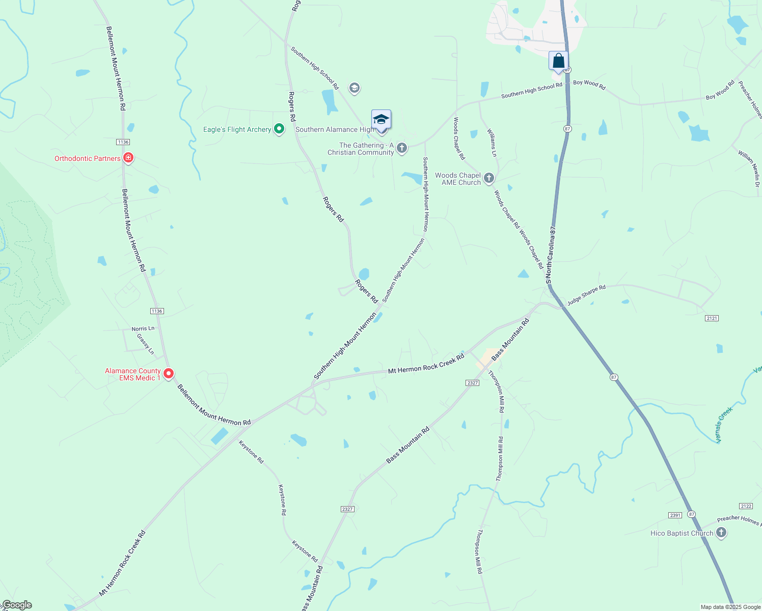 map of restaurants, bars, coffee shops, grocery stores, and more near 3499 Southern High-Mount Hermon in Graham