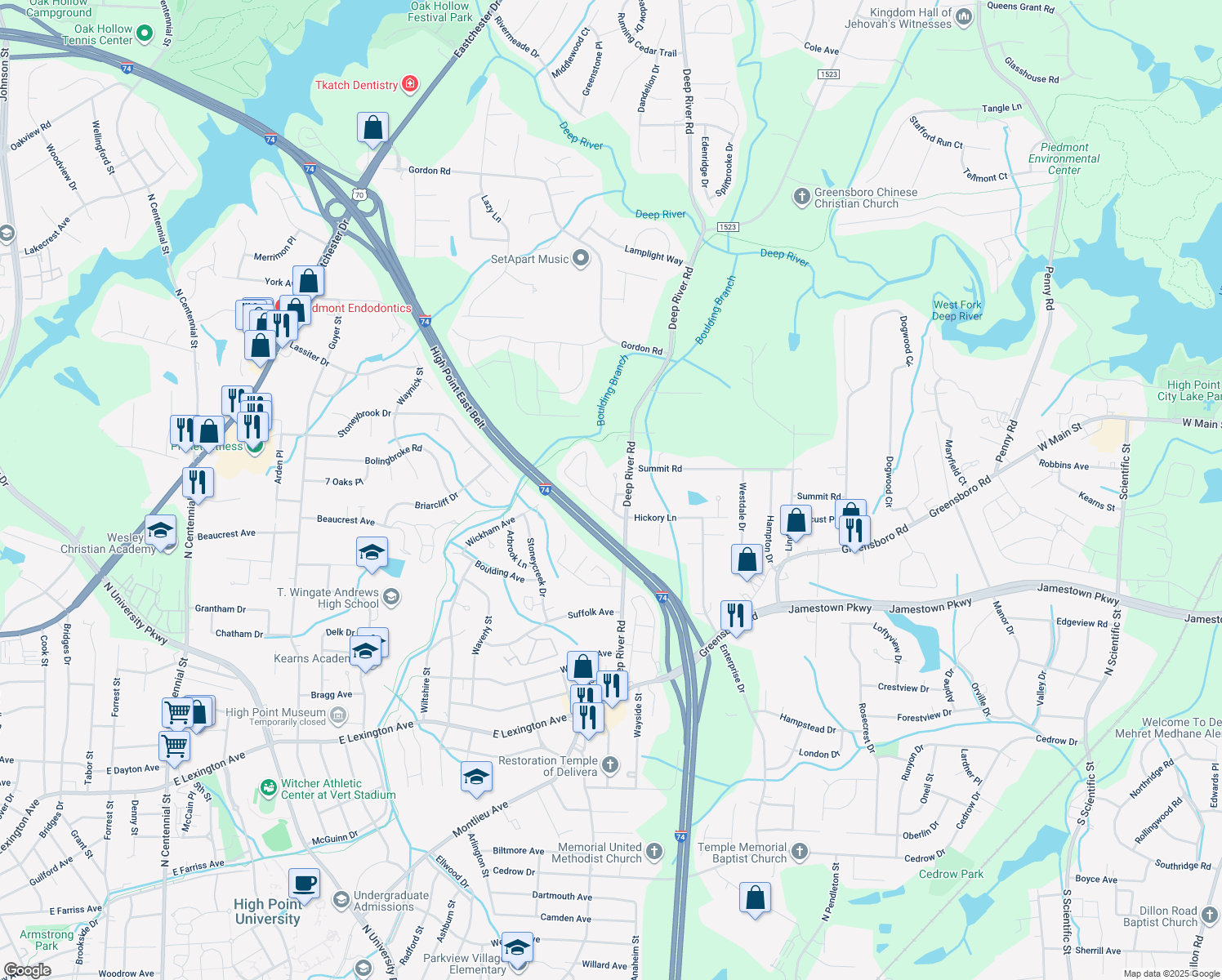 map of restaurants, bars, coffee shops, grocery stores, and more near 2023 Water Stone Lane in High Point