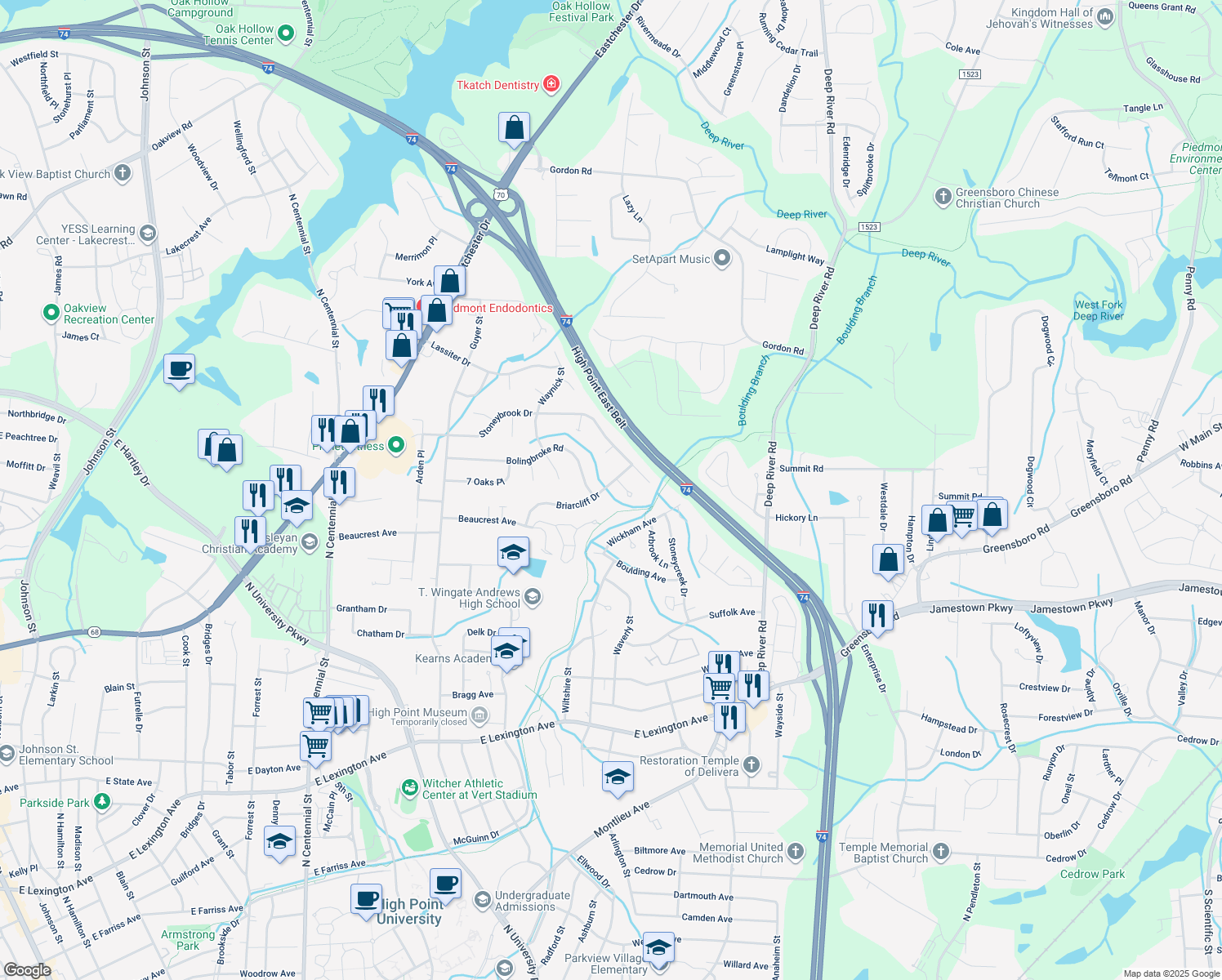 map of restaurants, bars, coffee shops, grocery stores, and more near 2104 Briarcliff Drive in High Point