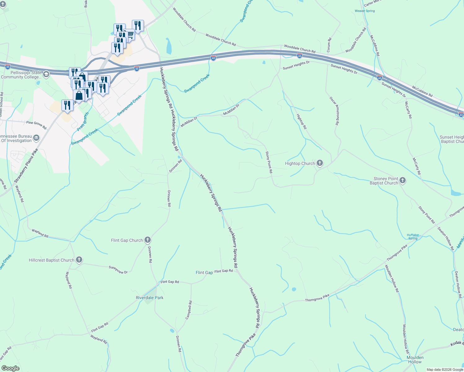 map of restaurants, bars, coffee shops, grocery stores, and more near 7501 Hunters Ridge Way in Knoxville