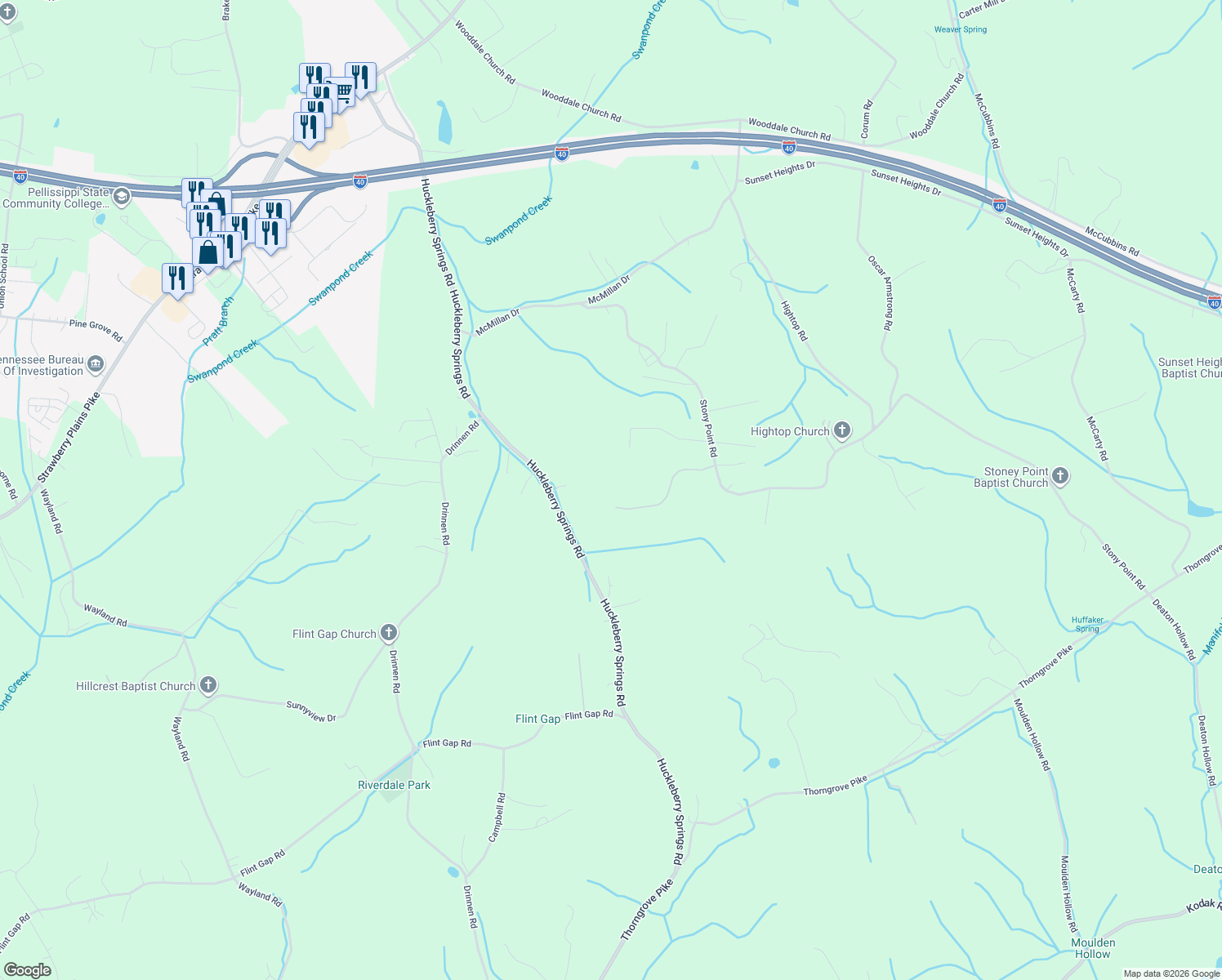 map of restaurants, bars, coffee shops, grocery stores, and more near 7501 Hunters Ridge Way in Knoxville