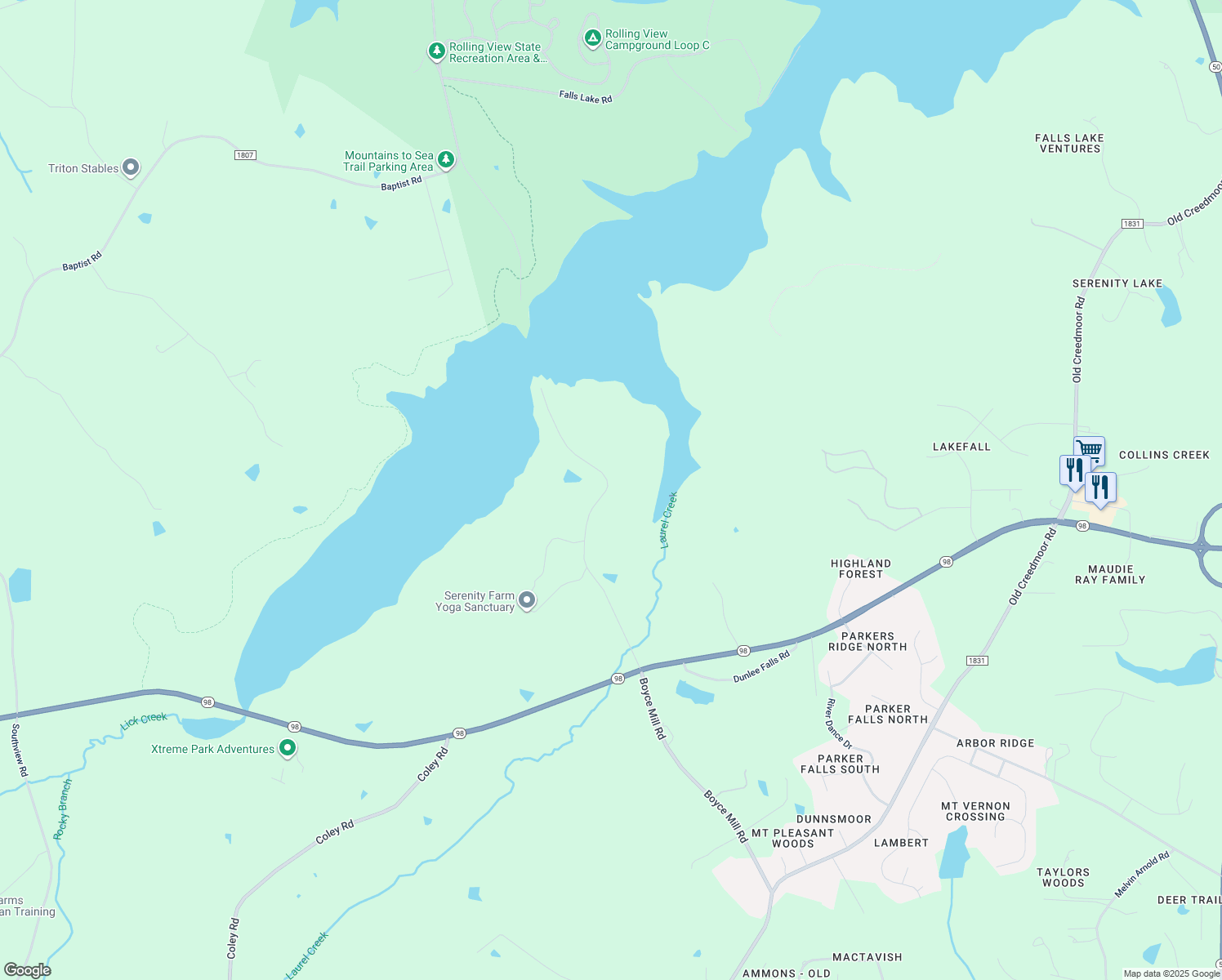 map of restaurants, bars, coffee shops, grocery stores, and more near 13504 Boyce Mill Road in Durham