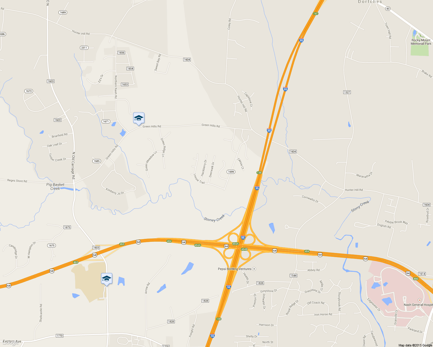 map of restaurants, bars, coffee shops, grocery stores, and more near 1702 Acorn Ridge Road in Rocky Mount