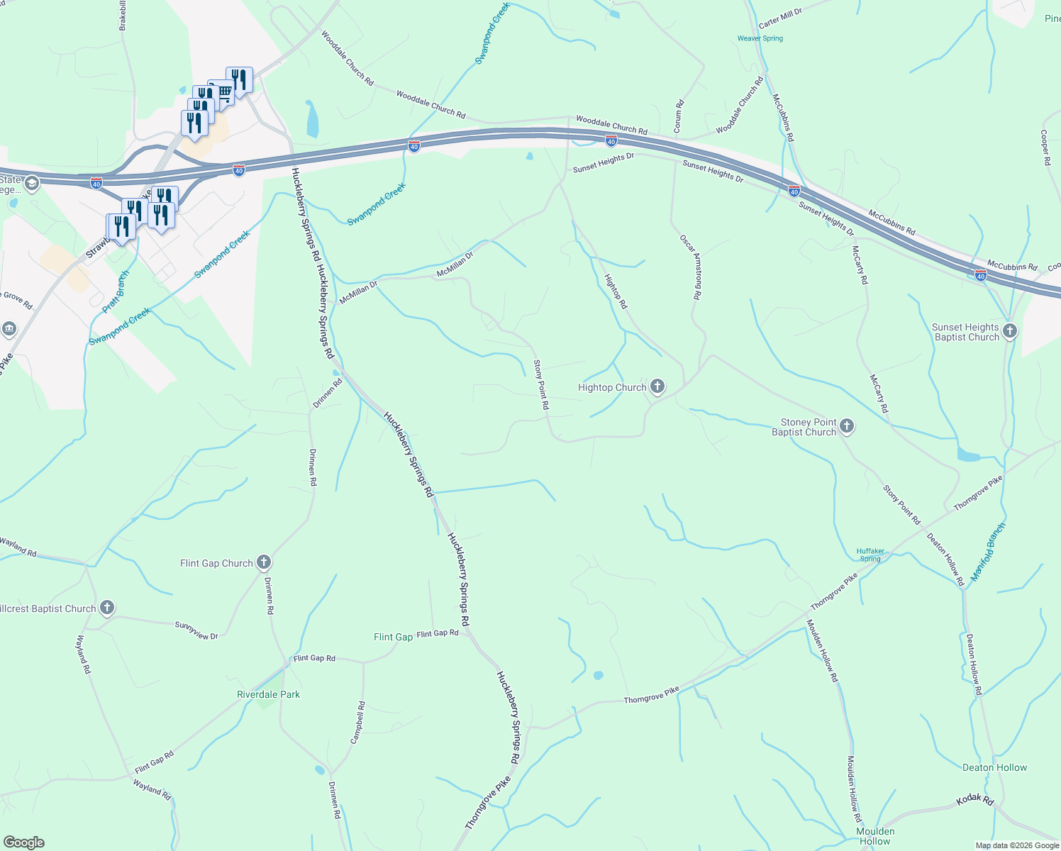 map of restaurants, bars, coffee shops, grocery stores, and more near 7634 Hunters Ridge Way in Knoxville