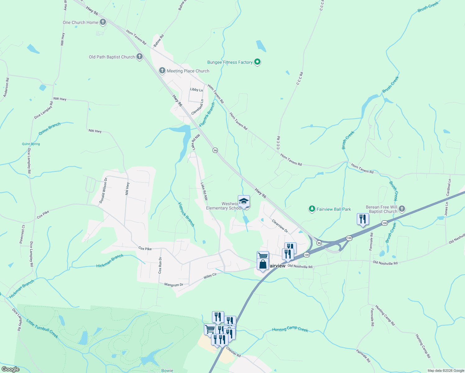 map of restaurants, bars, coffee shops, grocery stores, and more near 415 Highway 96 in Fairview