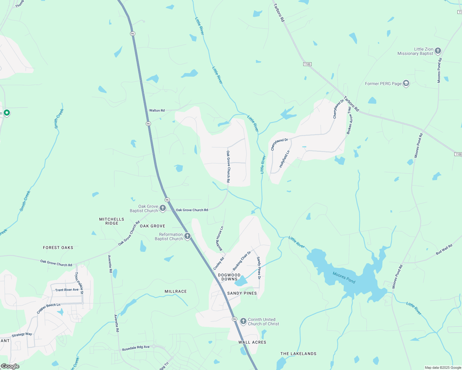 map of restaurants, bars, coffee shops, grocery stores, and more near 135 Oak Grove Church Road in Youngsville