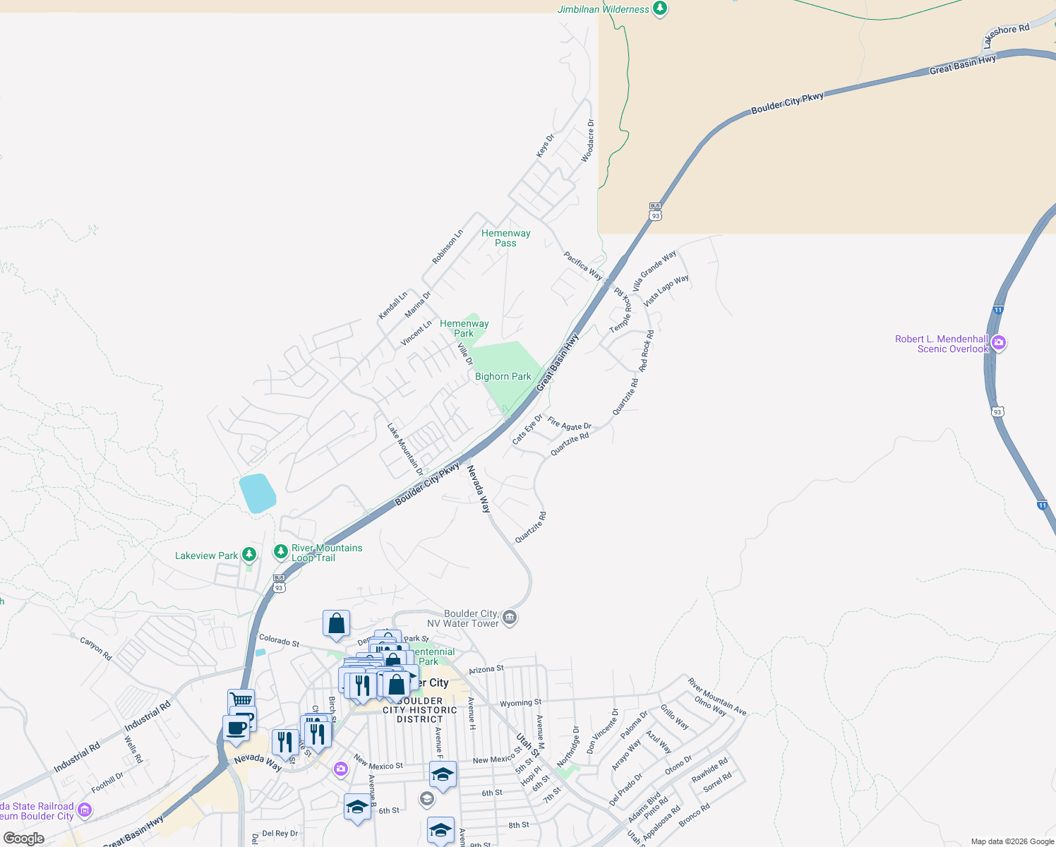 map of restaurants, bars, coffee shops, grocery stores, and more near 389 Cats Eye Dr in Boulder City