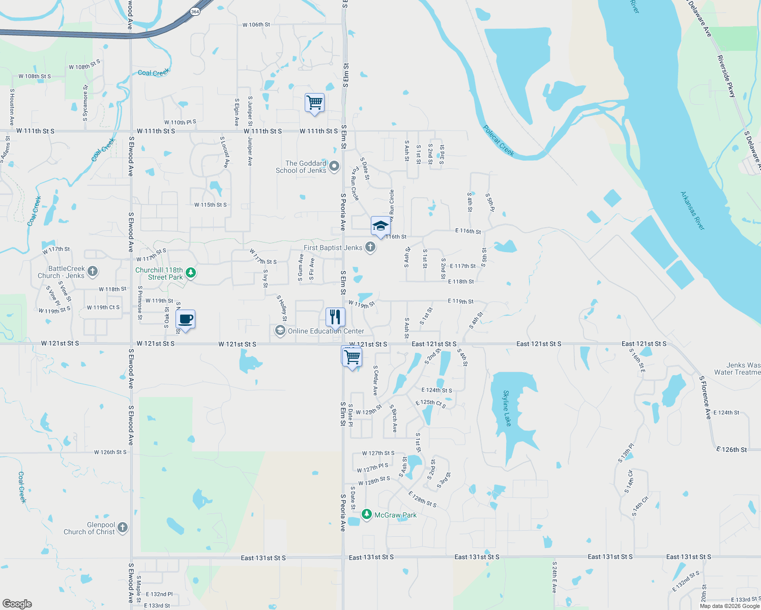 map of restaurants, bars, coffee shops, grocery stores, and more near 11905 South Cedar Court in Jenks