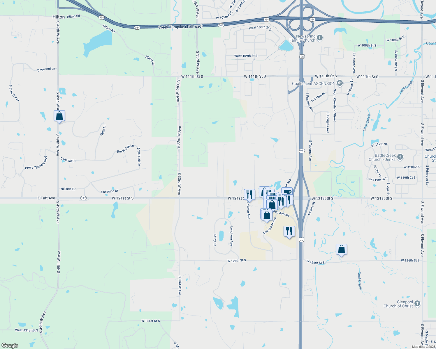 map of restaurants, bars, coffee shops, grocery stores, and more near 11940 South 27th West Avenue in Sapulpa