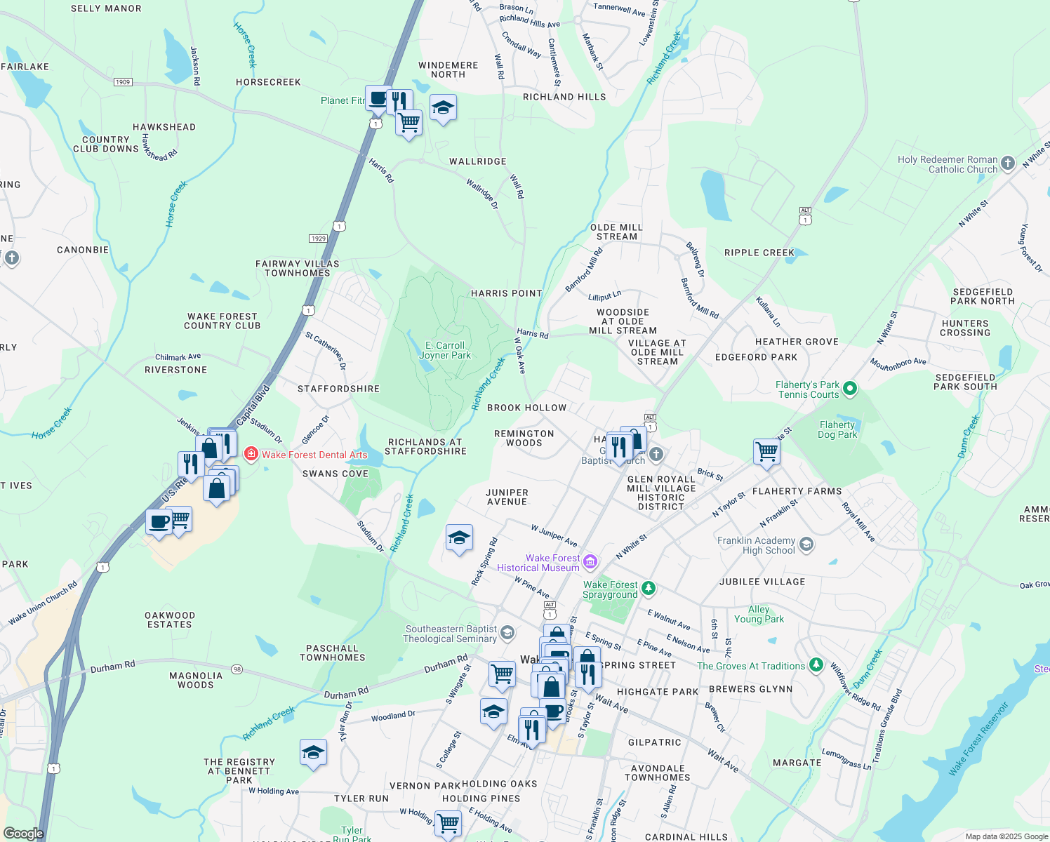 map of restaurants, bars, coffee shops, grocery stores, and more near 106 Remington Woods Drive in Wake Forest