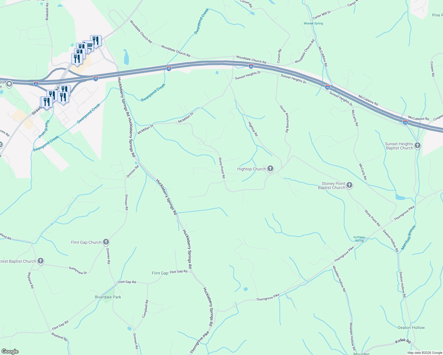 map of restaurants, bars, coffee shops, grocery stores, and more near 7634 Hunters Ridge Way in Knoxville