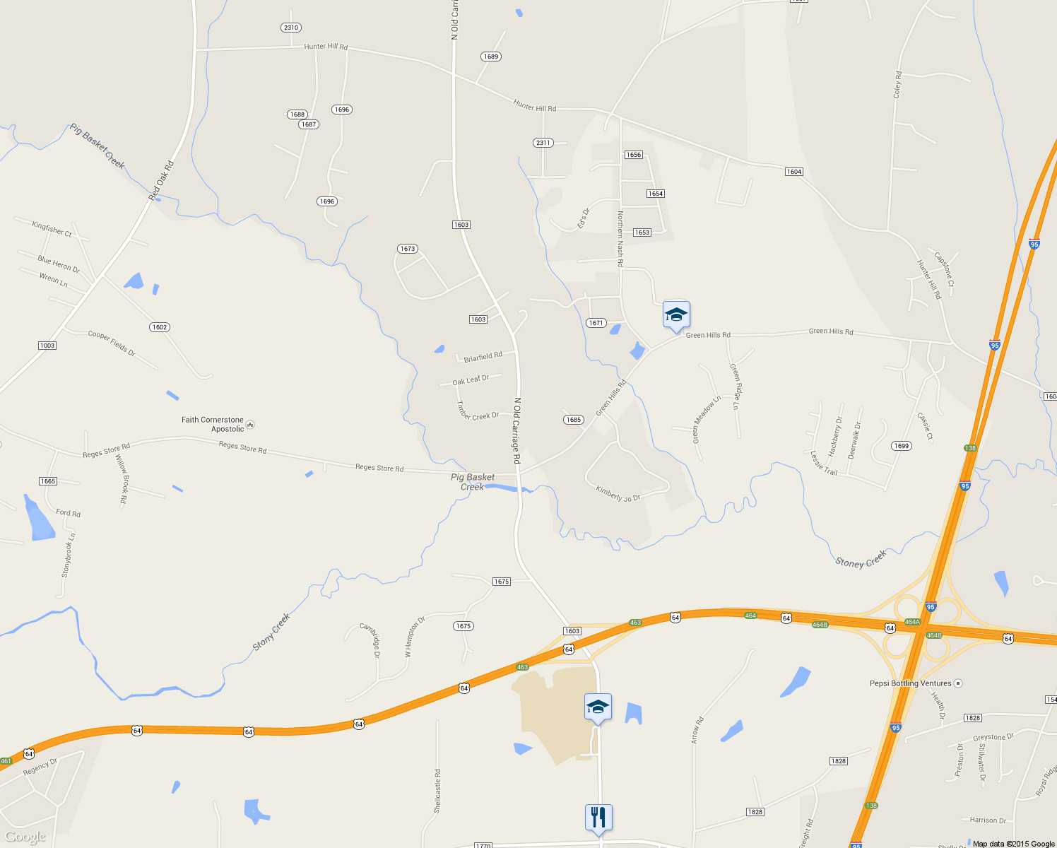 map of restaurants, bars, coffee shops, grocery stores, and more near 1605 North Old Carriage Road in Rocky Mount