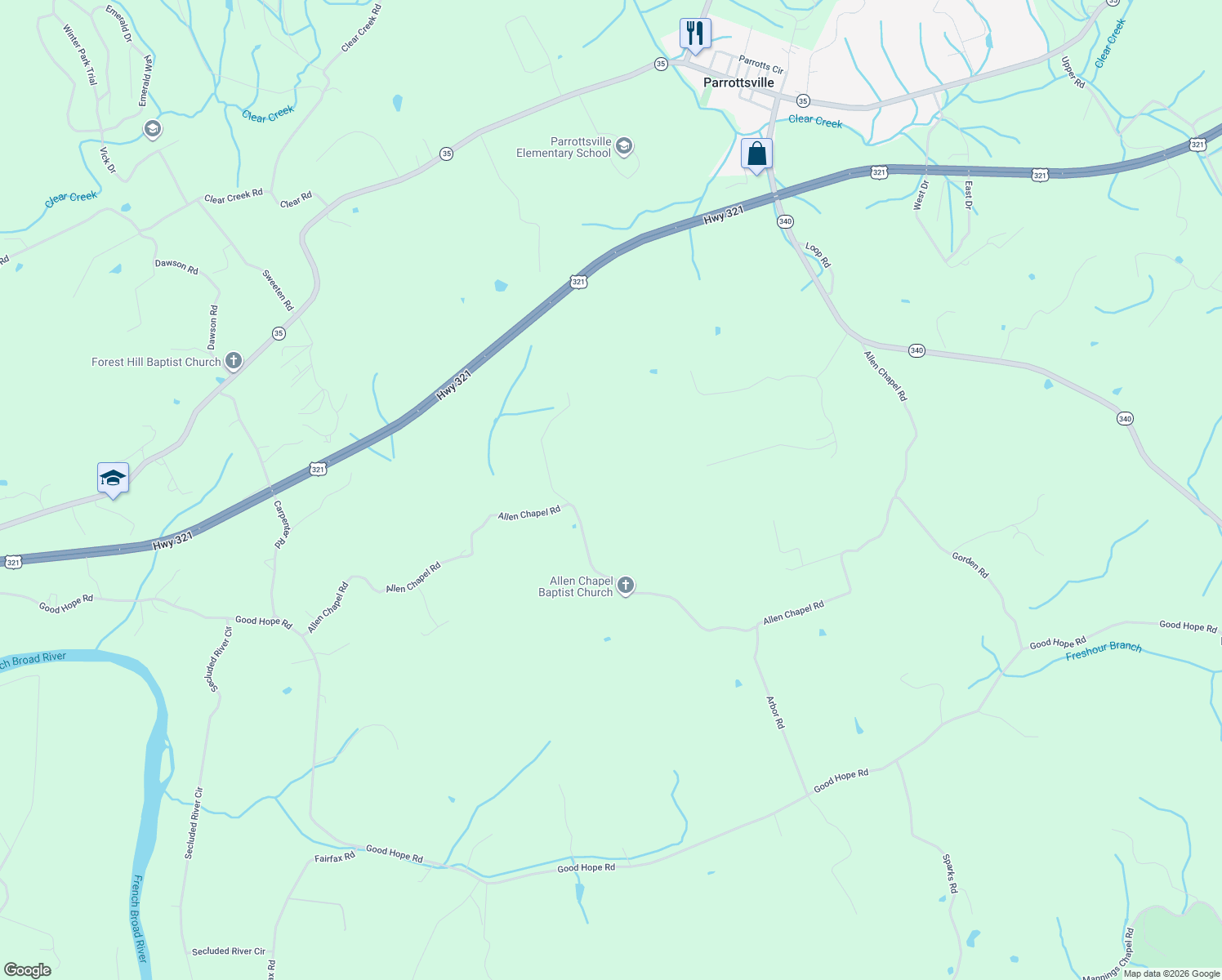 map of restaurants, bars, coffee shops, grocery stores, and more near in Parrottsville