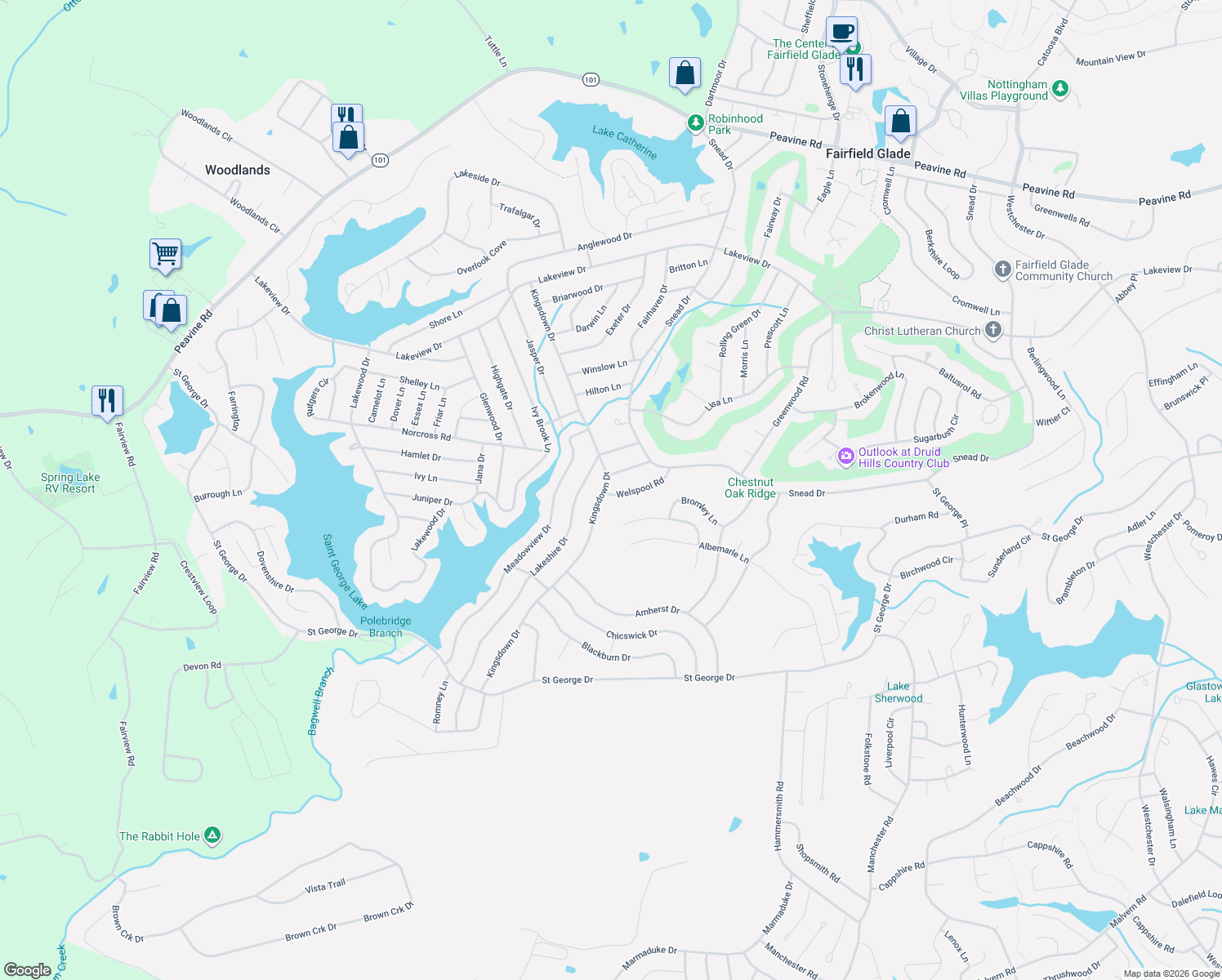 map of restaurants, bars, coffee shops, grocery stores, and more near 217 Kingsdown Drive in Crossville