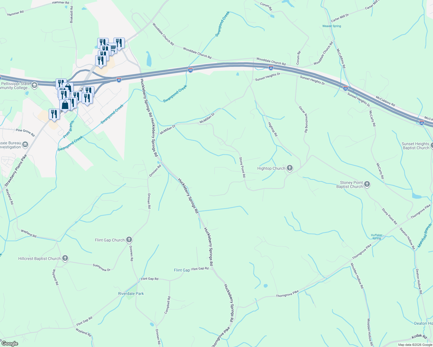 map of restaurants, bars, coffee shops, grocery stores, and more near 7512 Kays Ridge Lane in Knoxville