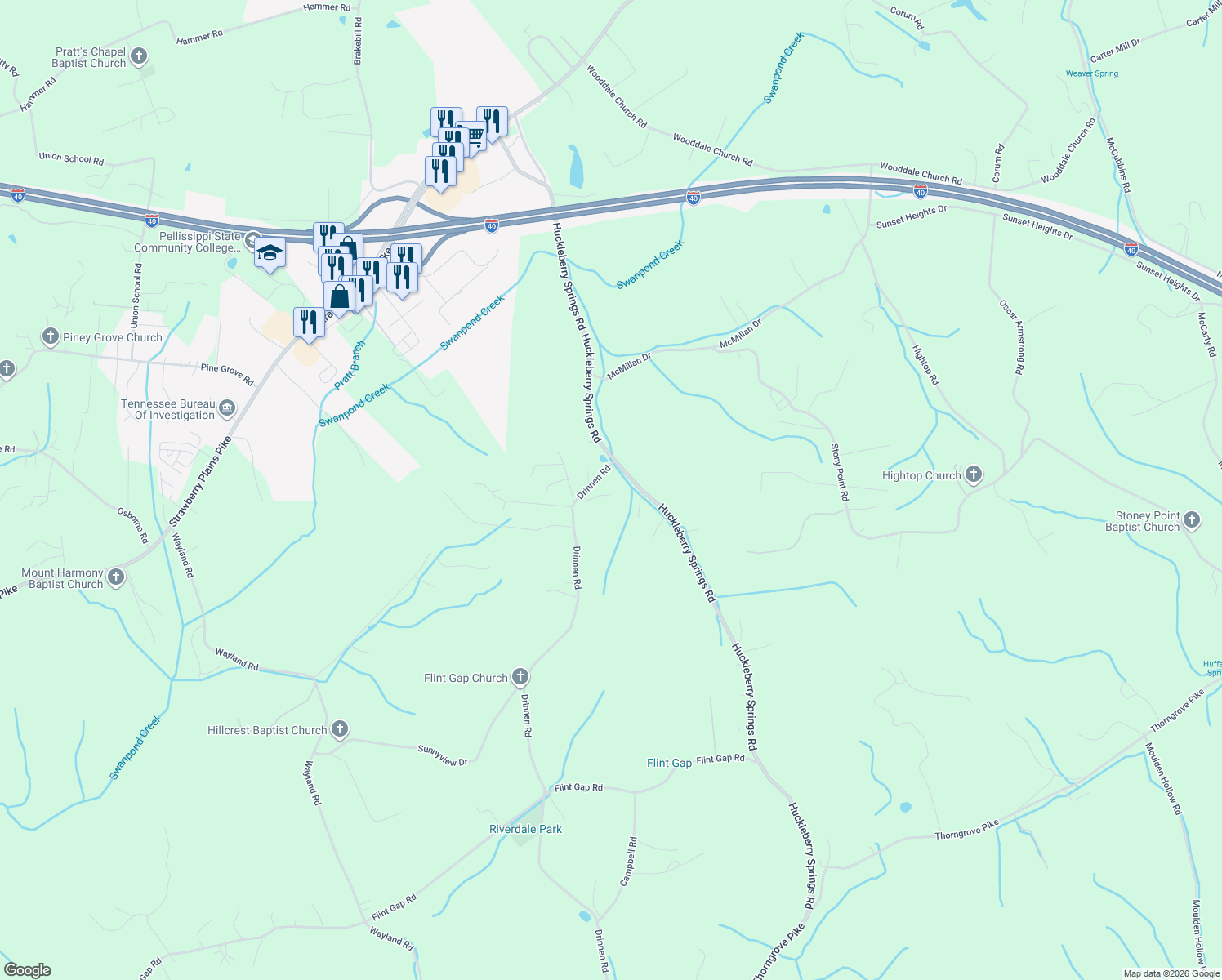 map of restaurants, bars, coffee shops, grocery stores, and more near 1601 Drinnen Road in Knoxville