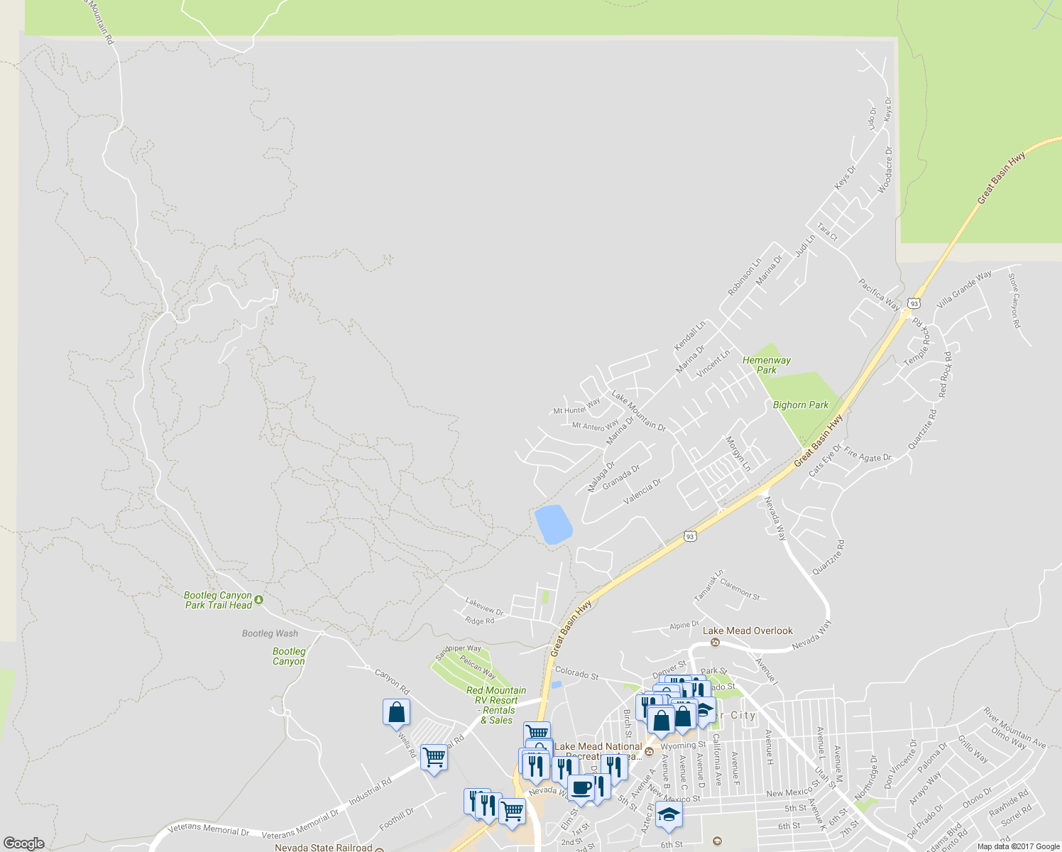 map of restaurants, bars, coffee shops, grocery stores, and more near 579 Lake Superior Lane in Boulder City