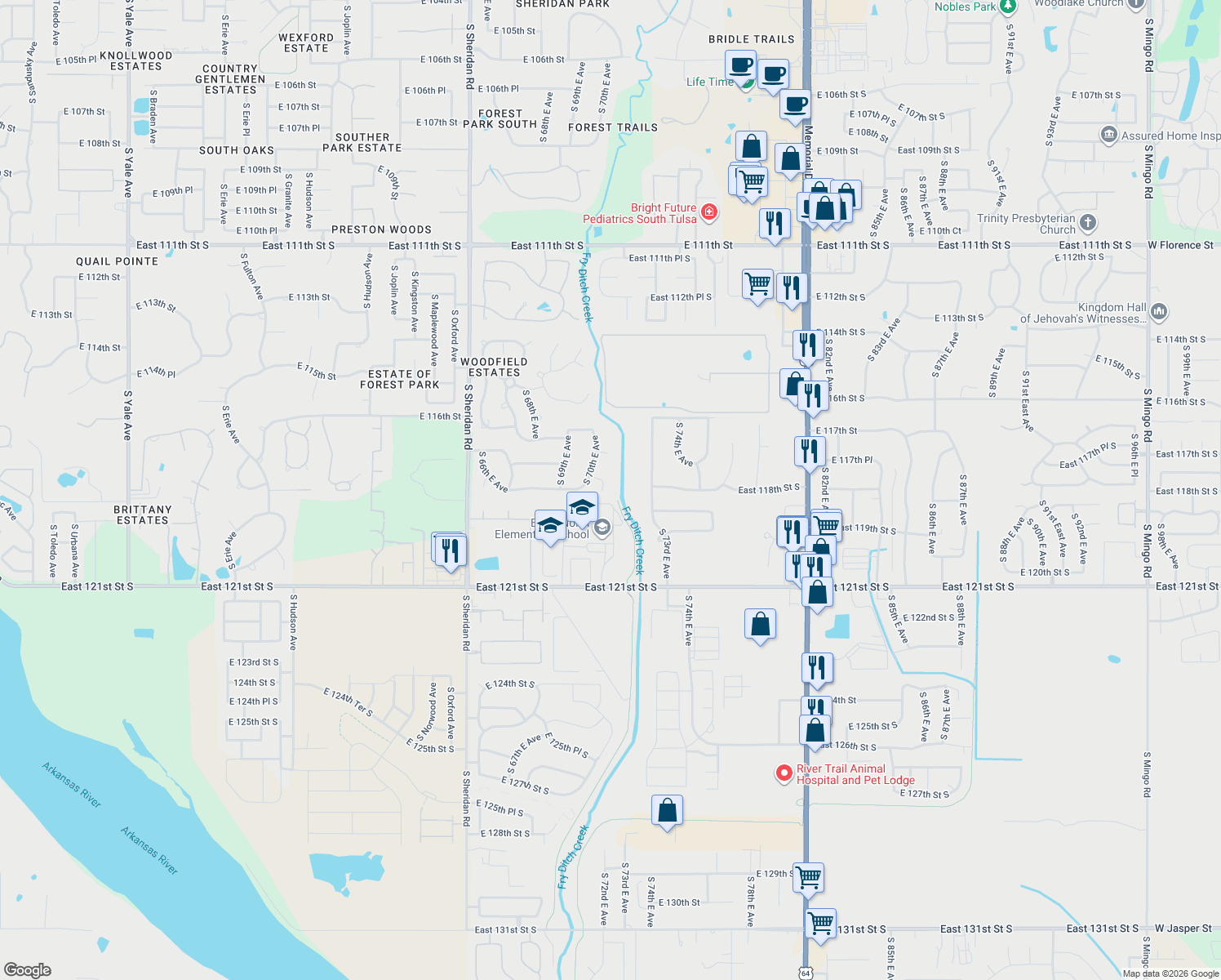 map of restaurants, bars, coffee shops, grocery stores, and more near 7027 E 118th Street South in Bixby
