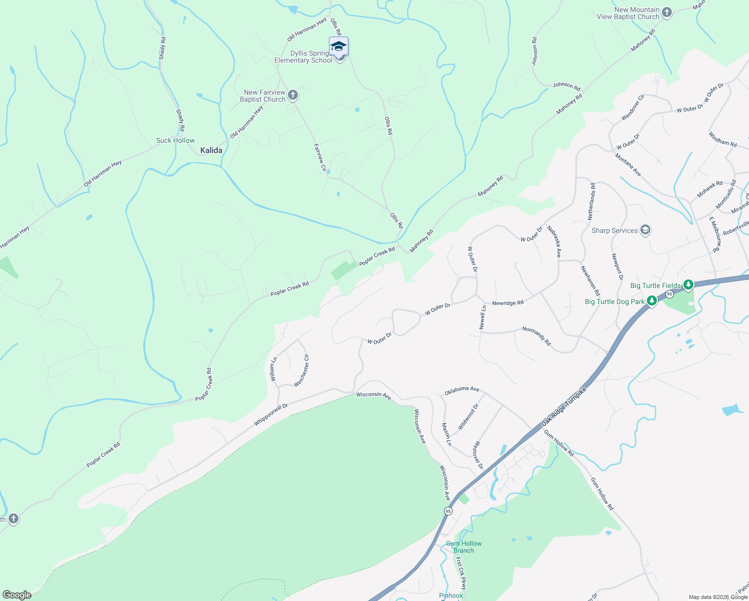 map of restaurants, bars, coffee shops, grocery stores, and more near 1134 West Outer Drive in Oak Ridge