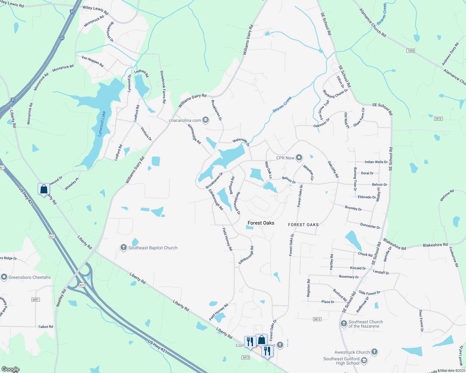 map of restaurants, bars, coffee shops, grocery stores, and more near 4611 Bentford Road in Greensboro