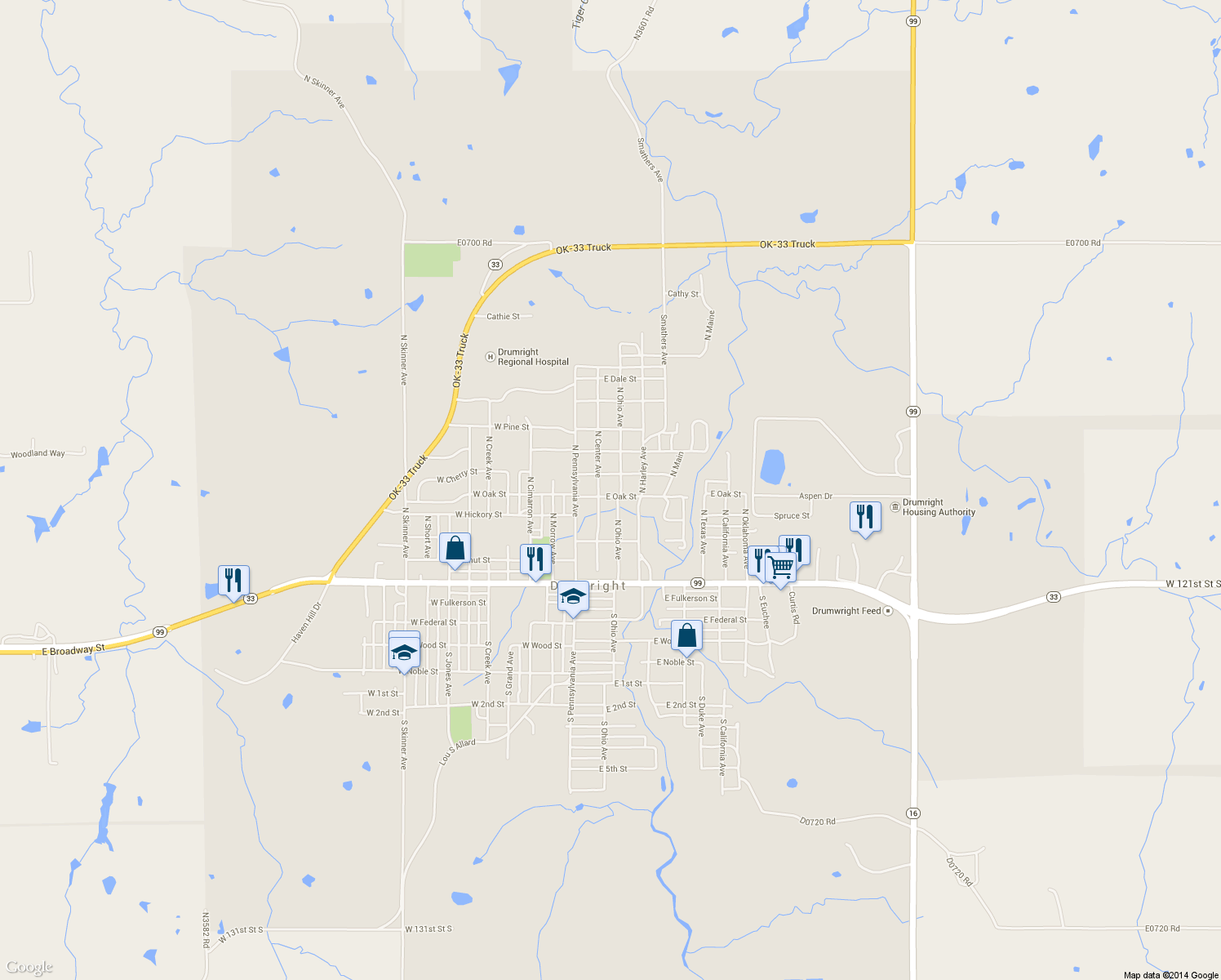 map of restaurants, bars, coffee shops, grocery stores, and more near 142 E Oak St in Drumright