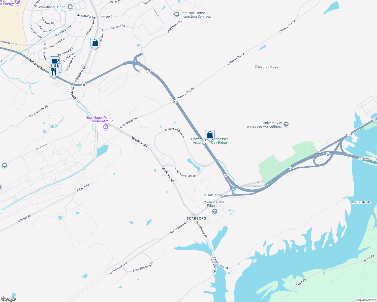 map of restaurants, bars, coffee shops, grocery stores, and more near Commerce Park Drive in Oak Ridge