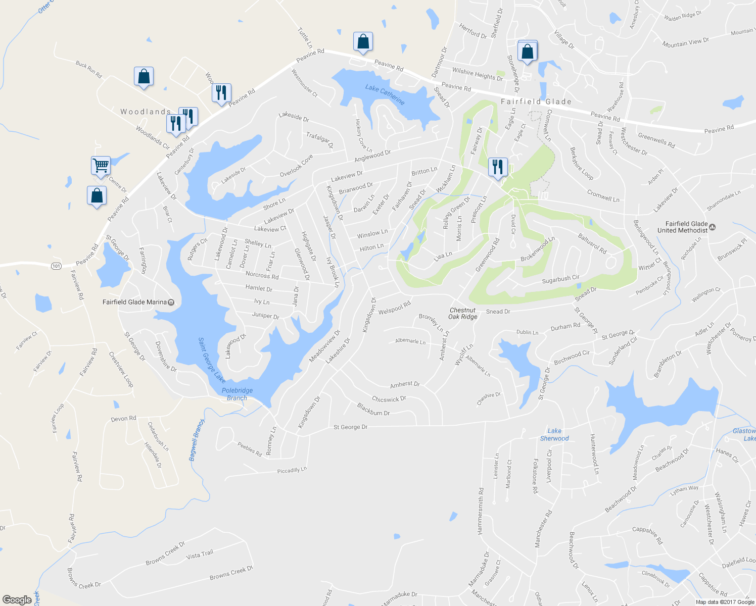 map of restaurants, bars, coffee shops, grocery stores, and more near 217 Kingsdown Drive in Crossville